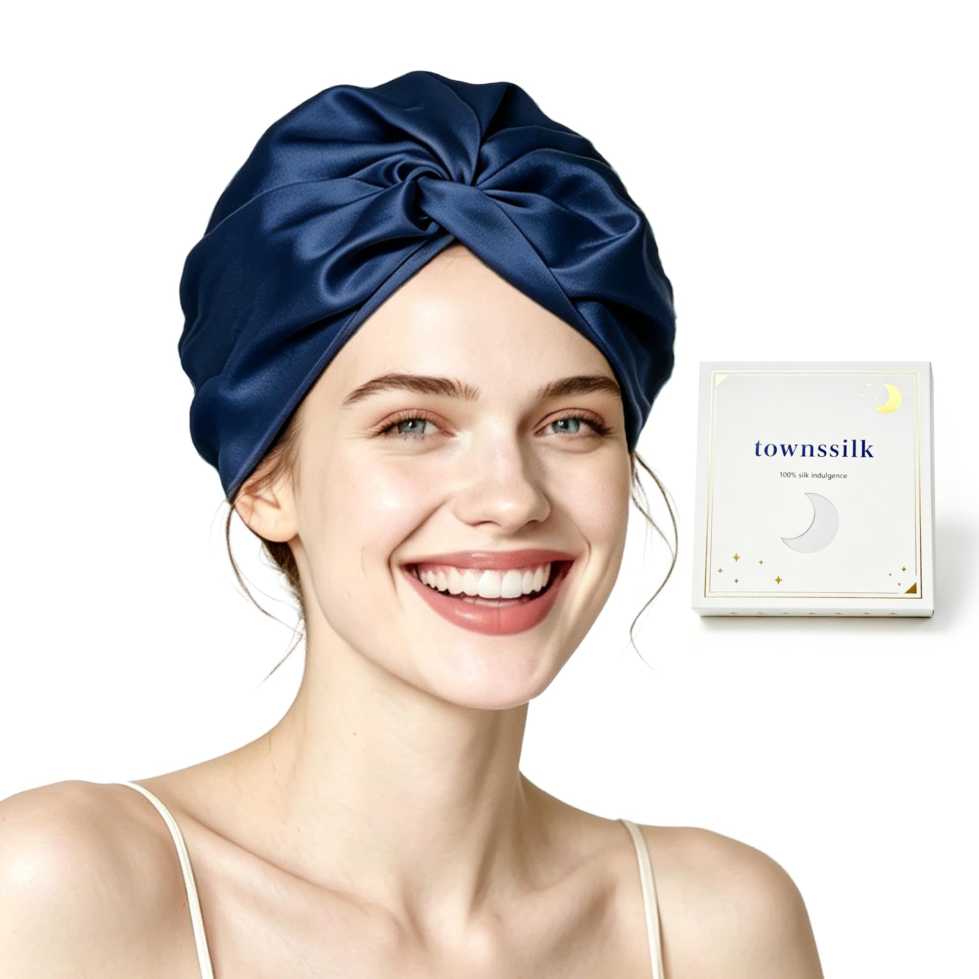 Townssilk - Gorro de ducha de seda para mujer, 16 Momme 100% seda de morera, protege bien el cabello, para la mayoría de los tipos de cabello, regalo lujoso, doble capa, 1 unidad, azul marino
