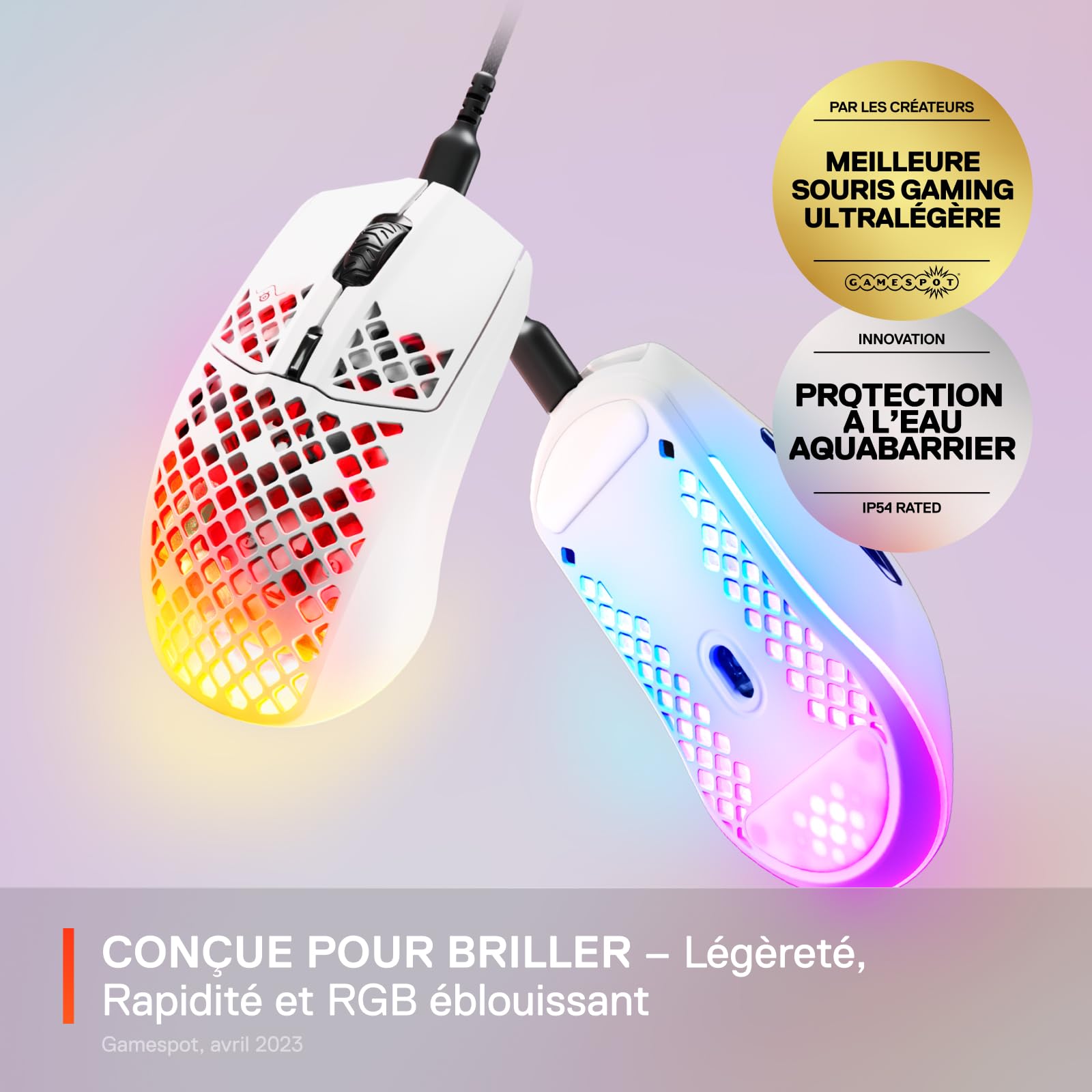 SteelSeries Aerox 3 - Souris gaming RGB perforée - Conception étanche ultralégère - Capteur optique TrueMove Core 8 500 DPI - Snow