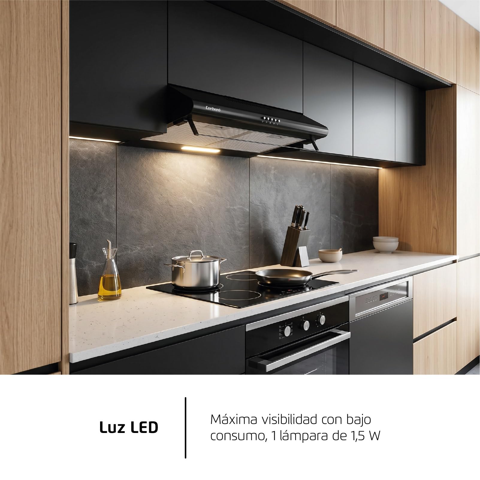 Corberó SELATI640B Okap konwencjonalny, 60 cm, Przepływ 400 m3/h, Kolor Czarny, 191,5 W, 3 Prędkości, 2 X Filtr Aluminium, Filtr węglowy, Efektywność energetyczna D