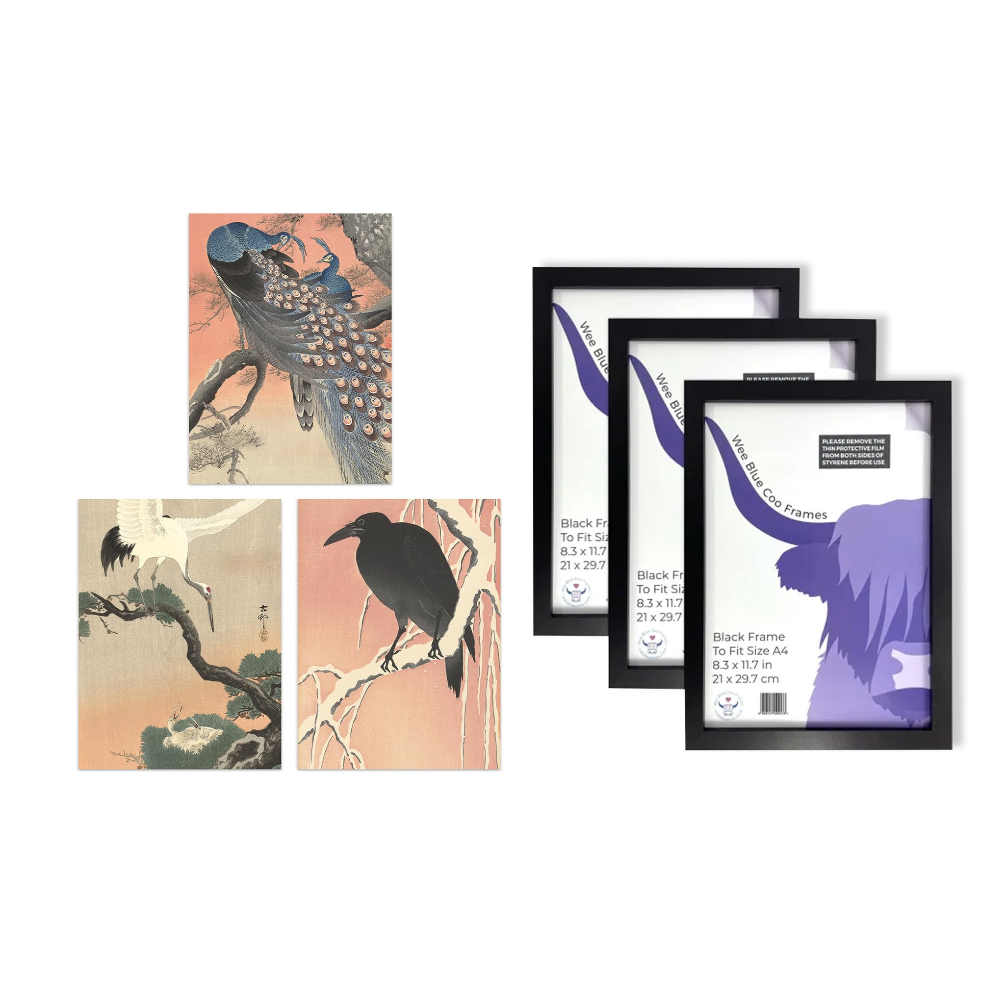 Artery8 Ohara Koson Bird Wall Art - Set of 3 A4 Sized Art with Black Frames - Kachō-e Flower Crow Crane Peacock Japanese Paintings