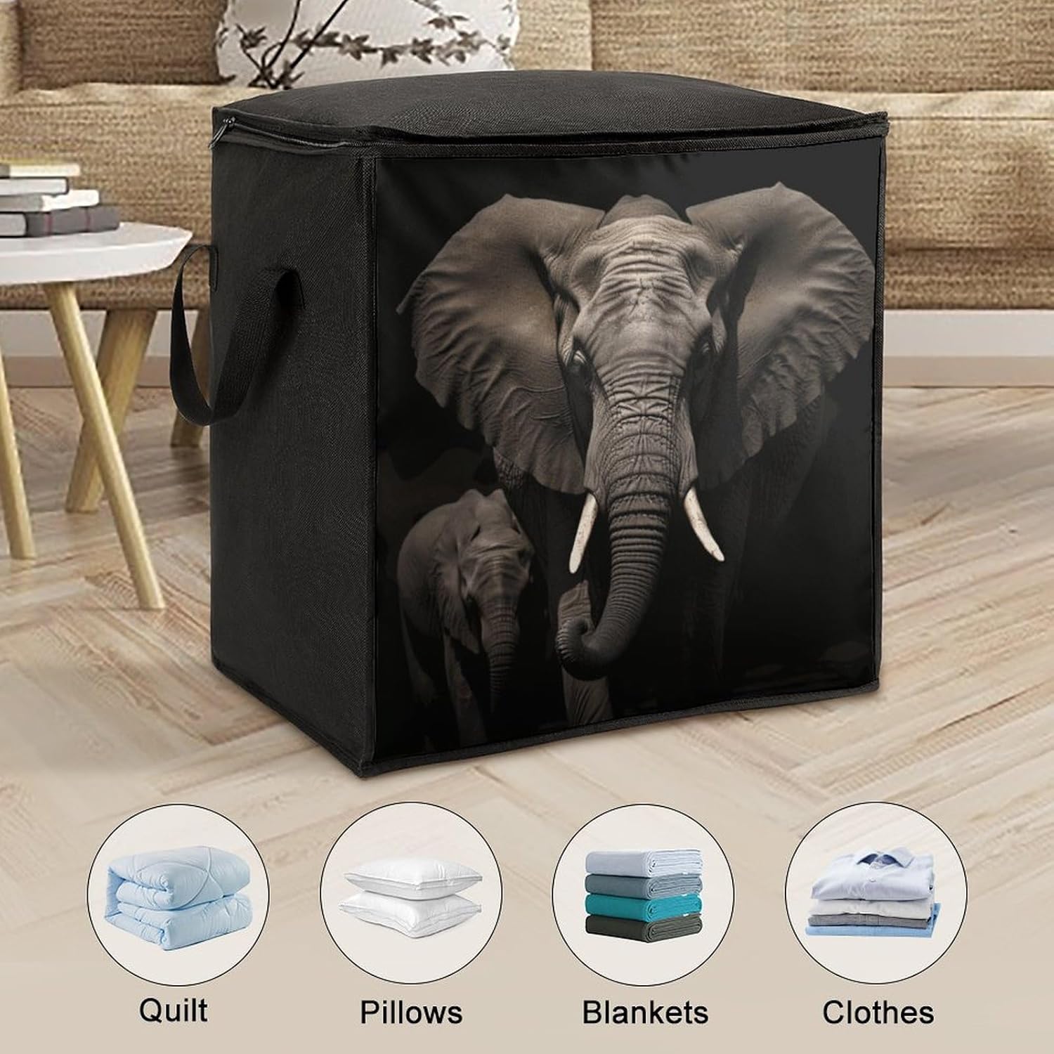 Portable Quilt Storage Bag,Elephant Black Printed Foldable Wardrobe Storage Box Foldable Storage Bag with Lids And Handle Large Clothing Storage Bag for Comforters Clothes Blankets Pillows