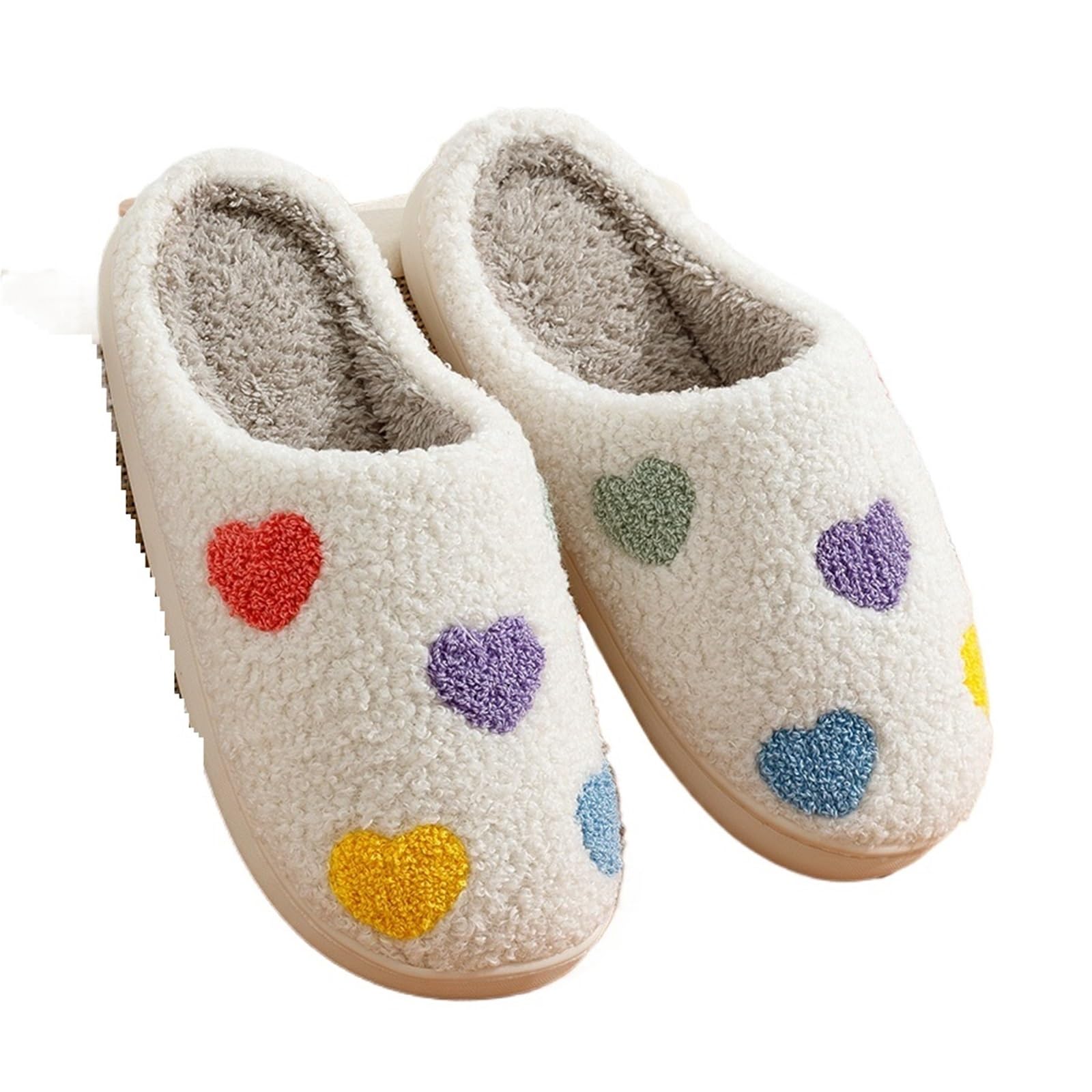 ERHTGUO Cute Color Heart Women Slippers Embroidery Fuzzy Romantic Love Comfy Flat Winter Home Shoes(39-40)