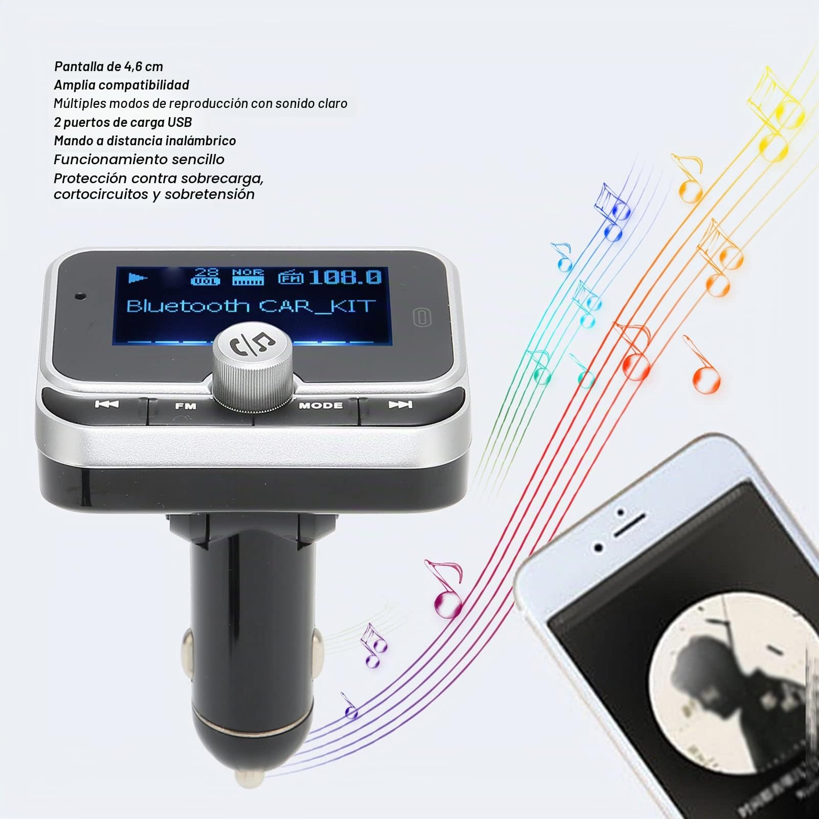 Bewinner Transmisor FM Bluetooth para Coche, Adaptador Inalámbrico de Radio FM Bluetooth con Pantalla de 1,8 Pulgadas, Cargador de Coche con 2 Puertos USB, Kit de Reproductor de Música para Coche