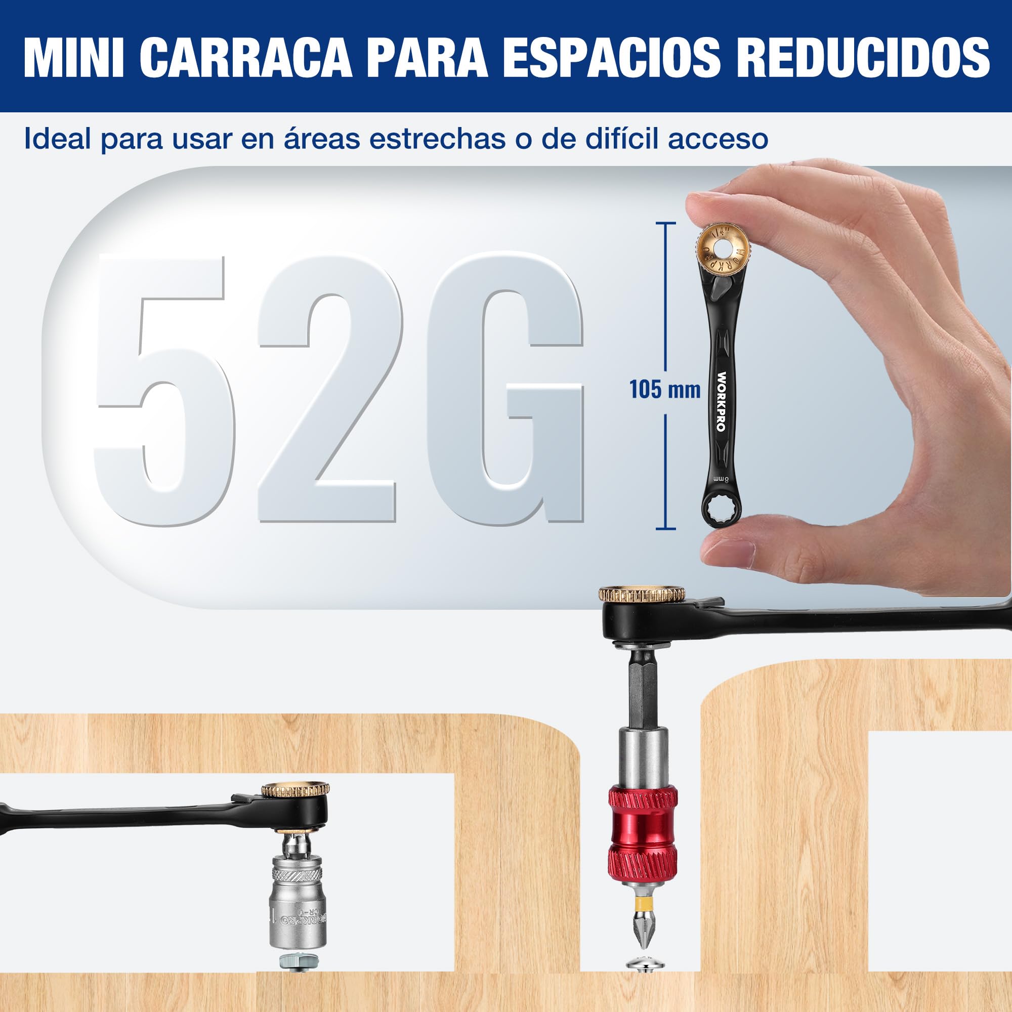 WORKPRO Carraca 1/4 Cr-V con Juego de Llaves de Vaso – Juego de Carraca 34 Piezas con Destornillador Magnético y Adaptador – Herramienta Compacta para Bricolaje y Reparación