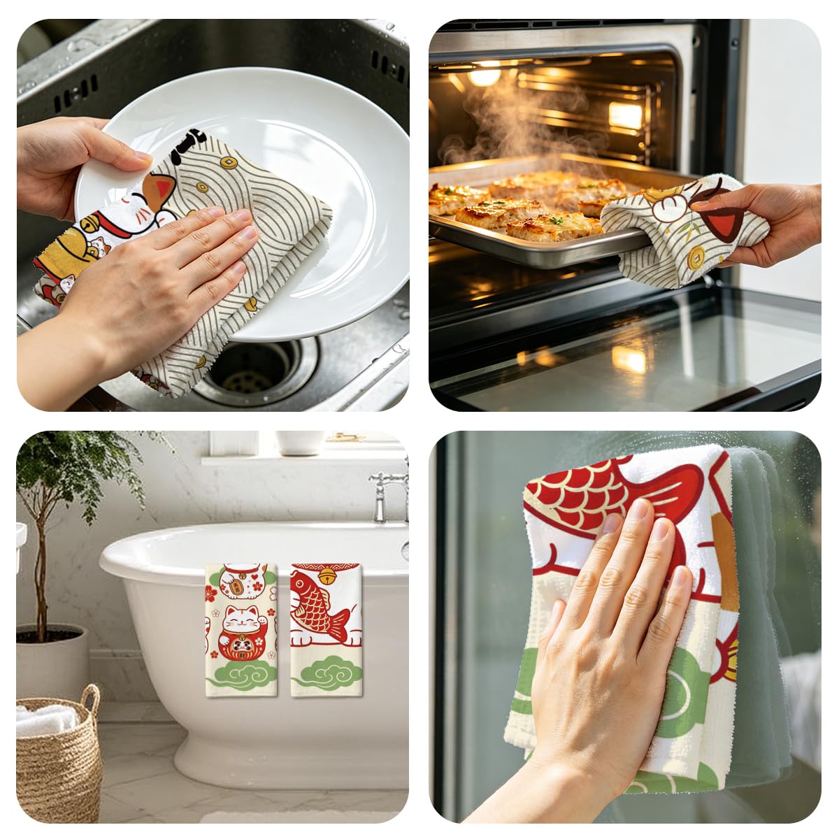 MAYJOYDIY 4 Stück Glückskatze Küchenhandtücher Japanische Glückskatze Mikrofaser Geschirrtuch 66x45 cm Tier Fisch Saugfähiges Spültuch für Küche Badezimmer Bar Sport Einweihungsparty Kochen