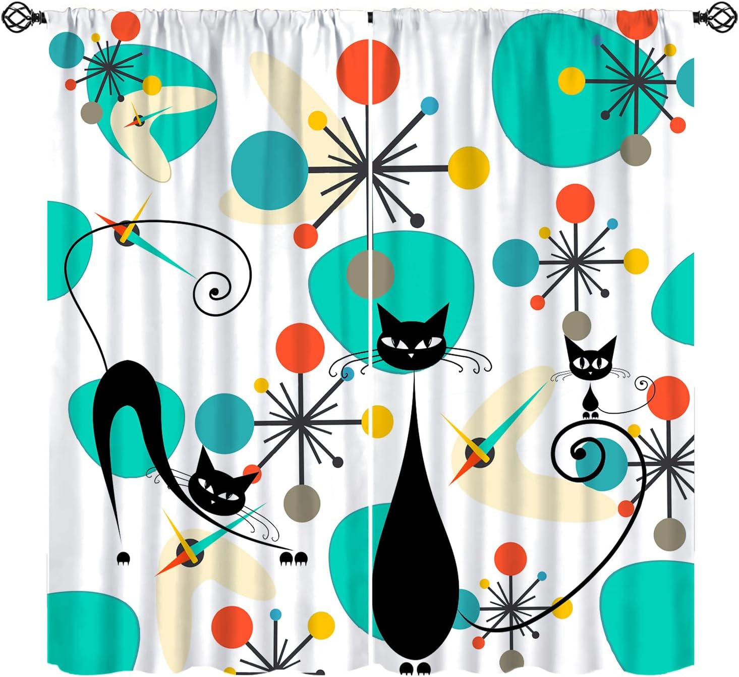 Retro 50s Curtains, Modern Atomic Abstract Mid Century Furniture Clock Black Cat Blackout Window Treatments, Rod Pocket Thermal Insulated Drapes 2 Panel Sets for Bedroom Living Room, 42"W X 54"L
