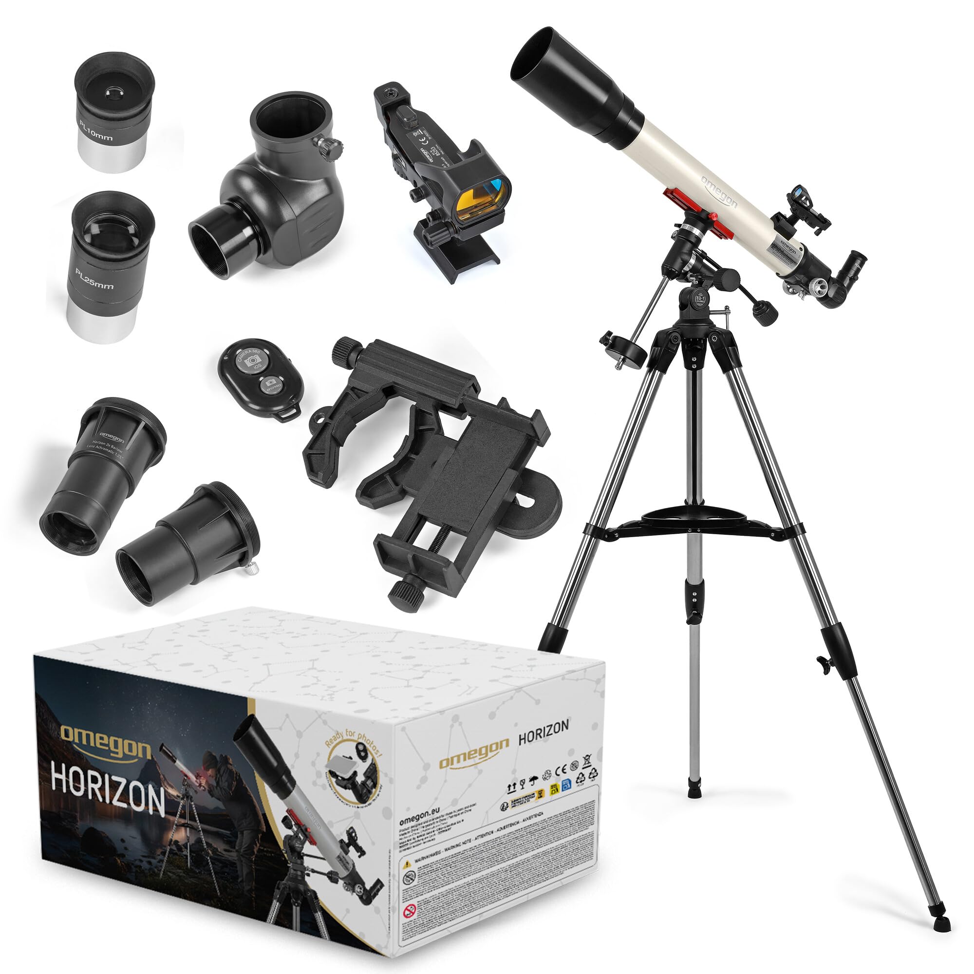 Omegon Horizon CR AC 70/700 EQ-1 Neo Télescope | Réfracteur Achromatique | Monture EQ-1 Neo | Trépied en acier inoxydable | Kit complet avec accessoires | pour la lune, les planètes et l'observation