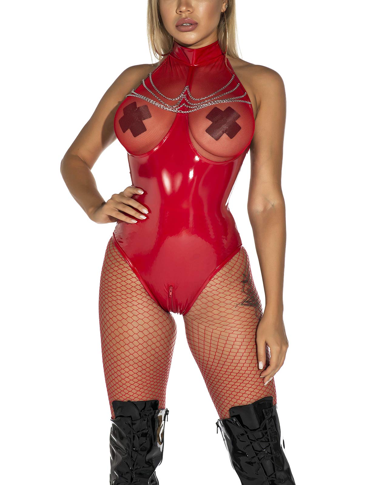 Womens Catsuit Patent Leather Bodysuit Zipper Crotch Shinny Teddy One Piece Metallic Unitard Leotard XS-3XL