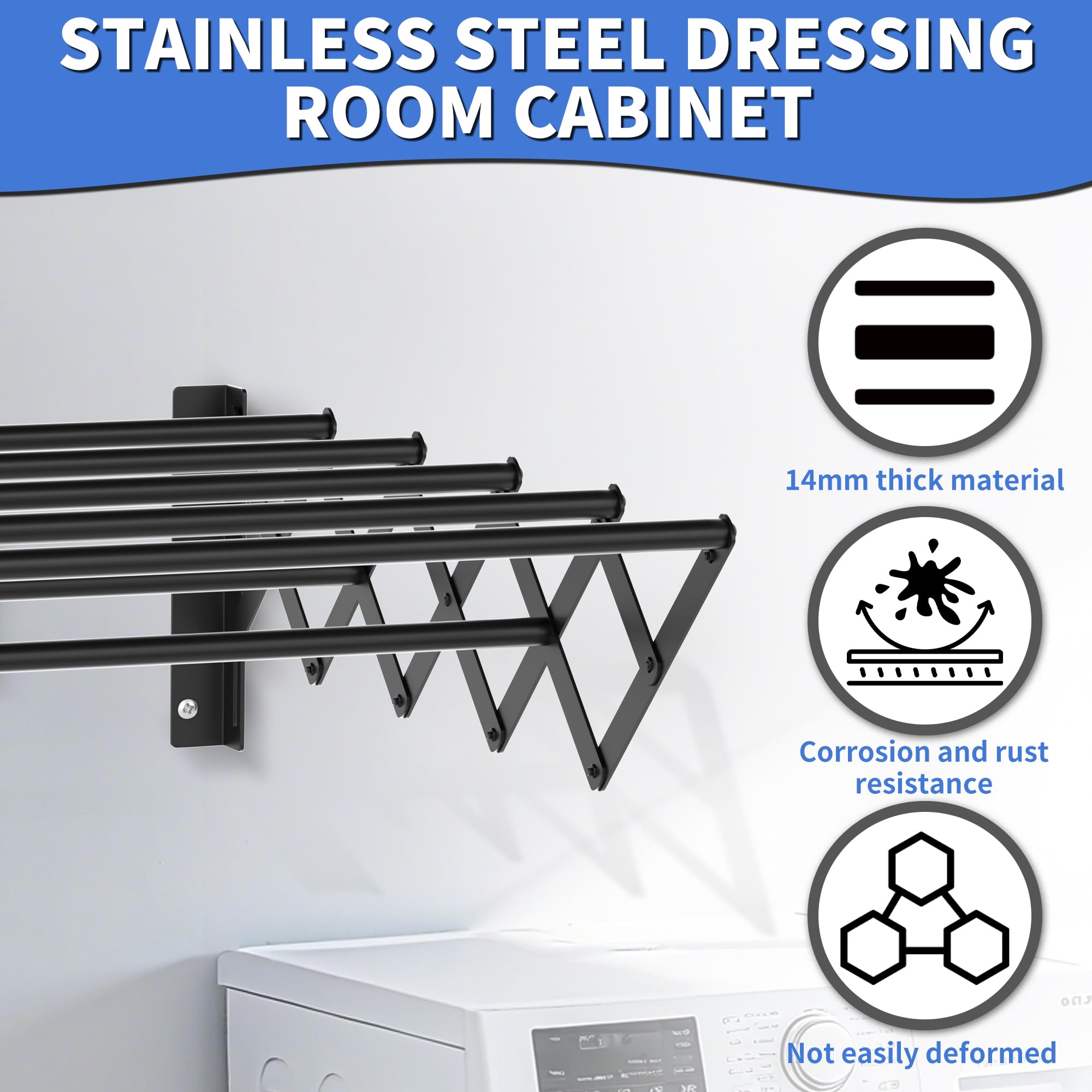 OUUTMEE Étendoir à linge mural extensible | Porte-serviettes pliable en acier inoxydable | 42 à 80 cm | Étendoir à linge rétractable pour intérieur ou extérieur, salle de bain, balcon, noir, taille M