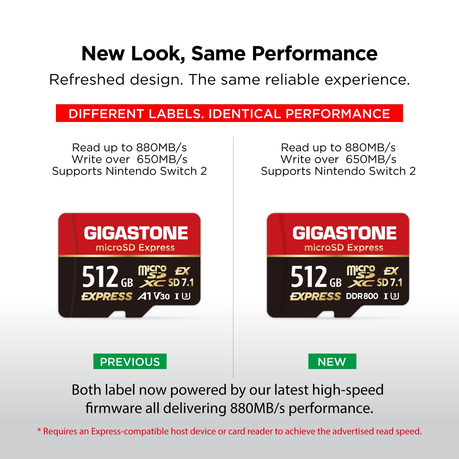 【Progettato per Switch 2】GIGASTONE microSDXC Express 512 GB, SD 7.1, R/W fino a 880/650 MB/s, A1 V30 U3, compatibile con Nintendo Switch 2 e fotocamere professionali, con adattatore SD.