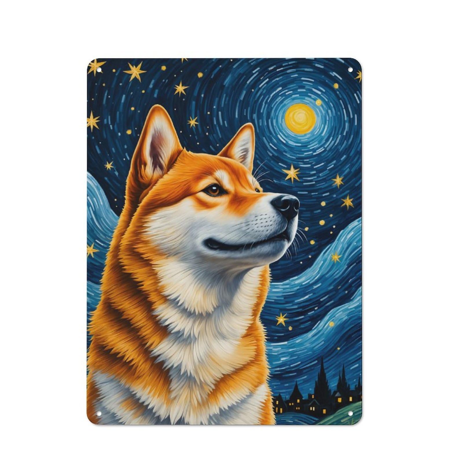 Junmoney Shiba Inu Starry Night Rustic Metal Sign With Design 40X30cm, Farmhouse Farmhouse Wall Decor For Dining Room, Cafe, Entryway Or Family Room