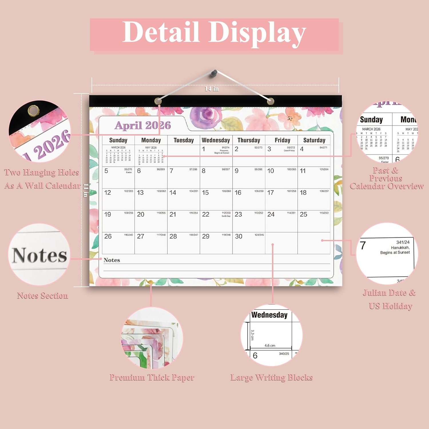 Condition photo showing New/Like New for Ymumuda Desk Calendar 2026-2027 Wall Calendar 2 in 1, Monthly Desk Calendar 2026 from JAN.2026 to JUN.2027, 18-Month, Large 12"×17", Waterproof Cover, Hanging Rope, Home/office/School Planners F-Pink Floral