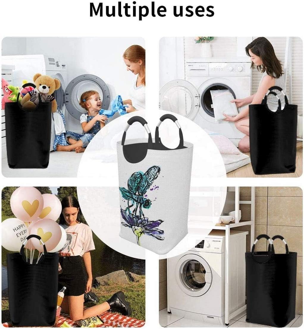 Dragonfly on Purple Flower Laundry Hamper Dirty Clothes Bag Collapsible Laundry Basket Toys Storage Organizer with Handles for College Dorms Bedroom Bathroom