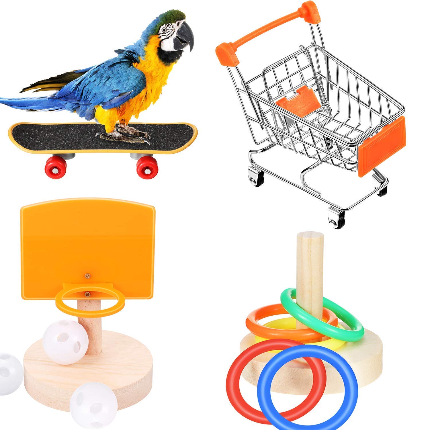 TangXSTAR 4 Pieces Bird Intelligence Toy Set Include Shopping Cart Basketball Stacking Ring Toy Skateboard Parrot Intelligence Bird Training Toy for Tabletop Cage Parakeets Cockatiels Macaws Parrots