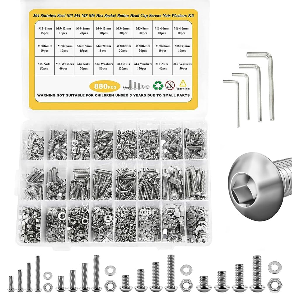 YARDHOBI 880 Pcs Screws Bolts and Nuts Assortment Kit, Metric Machine Screws and Nuts and Bolts and Flat Washers, M3/M4/M5/M6 Phillips Slotted Pan Head Hex Bolts and Nuts Sets, with 4 Wrenches