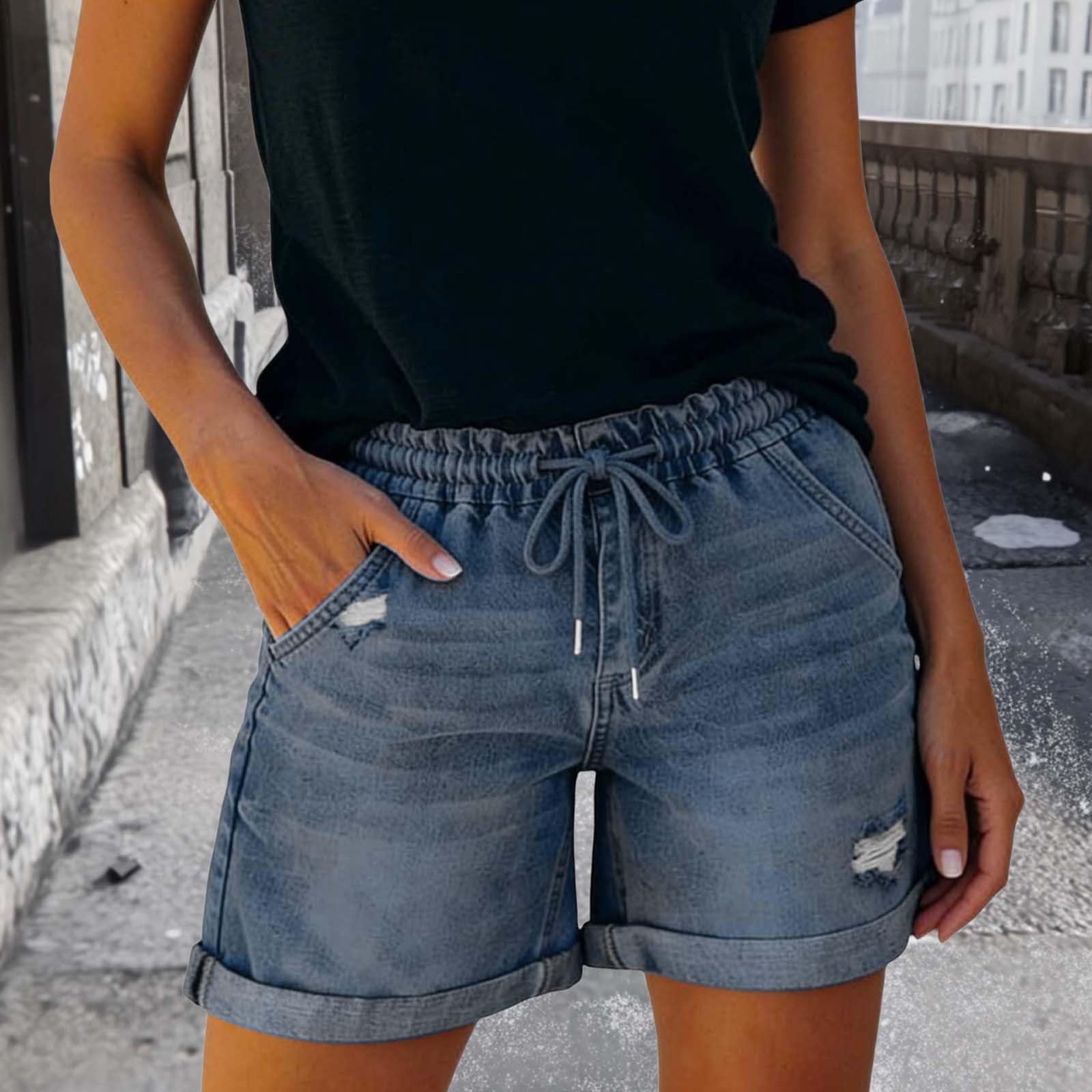 Shorts Vaqueros para Mujer, Cintura Elástica con Cordón, Estilo Casual, Dobladillo Enrollado, Pantalones Cortos Vaqueros Rotos Anchos con Cintura Alta Verano Casual Bermudas Shorts Jeans