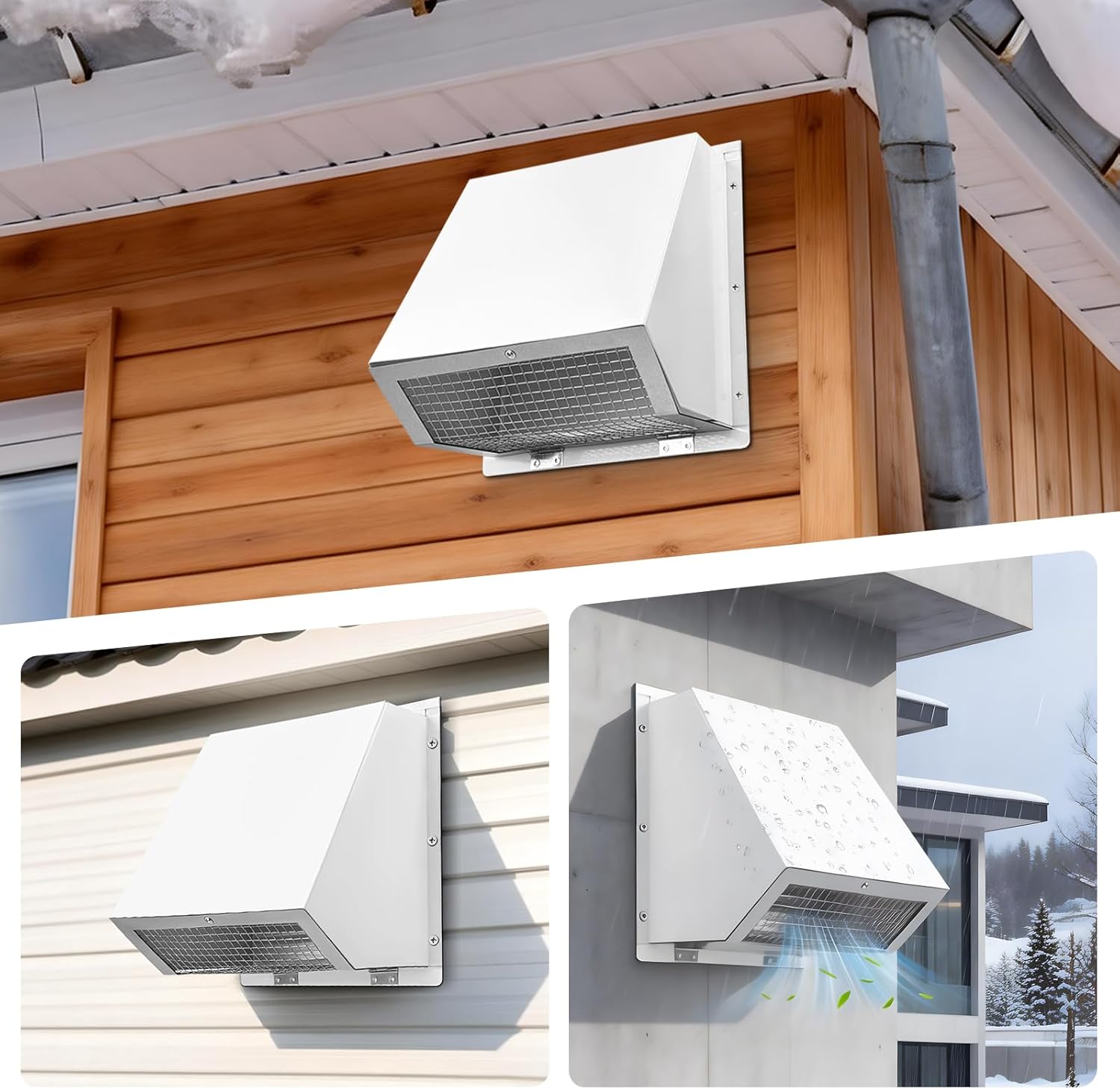 8 Inch Hooded Wall Vent with Screen and Damper, 8 Inch Range Hood Wall Vent Cap, Wall Exhaust Vent Cover, Outdoor Hooded Wall Vent for Dryer Vent, Range Hood, Kitchen, White