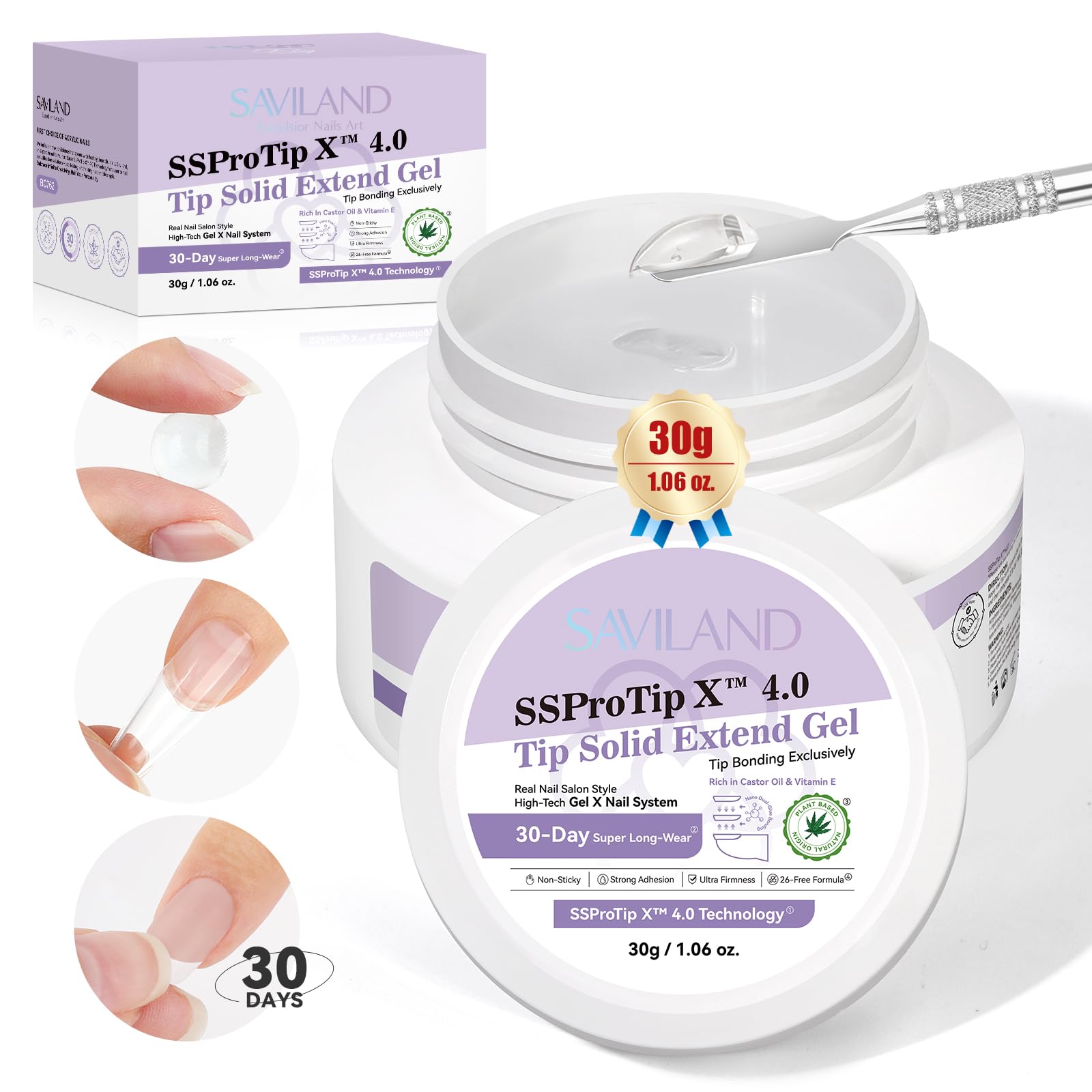 SAVILAND 2024 SSProTip X 4.0 Tech Solid Nail Glue Gel: for Press on Nails 30-Day Long Wear 30g Resin Bond Solid Gel Strong Adhesive for False Tips 3D Sculpture U V Cured Nail Enthusiasts Home DIY