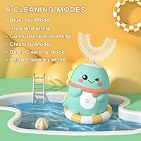 Vista 3 de Cepillo de dientes eléctrico en forma de U para niños pequeños con 5 cabezales de cepillo, cepillos de dientes ultrasónicos de dinosaurio de dibujos