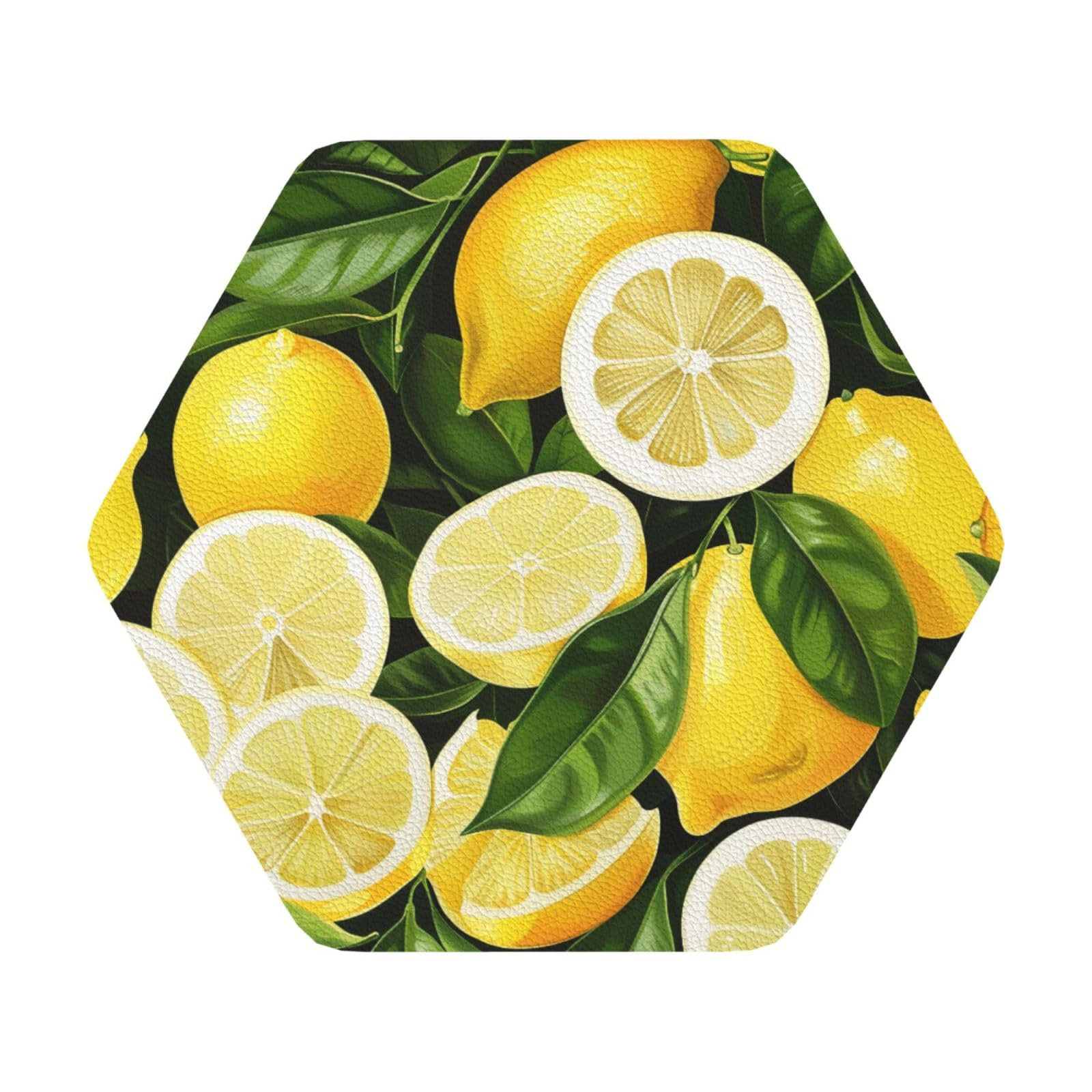 Fresh Tropical Lemons Print Leather Coaster Set of 6, Hexagon Coasters Table Decorative Coffee Cup Beverage Coasters Wine Beer Bar Coasters for Hot Drinks Table Protection