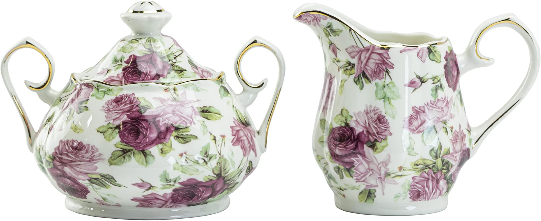 Gracie China by Coastline Imports Pink Summer Rose Chintz Porcelain Sugar Bowl With Lid And Creamer Pitcher 2-Piece Sugar & Creamer Set, 8-Ounce