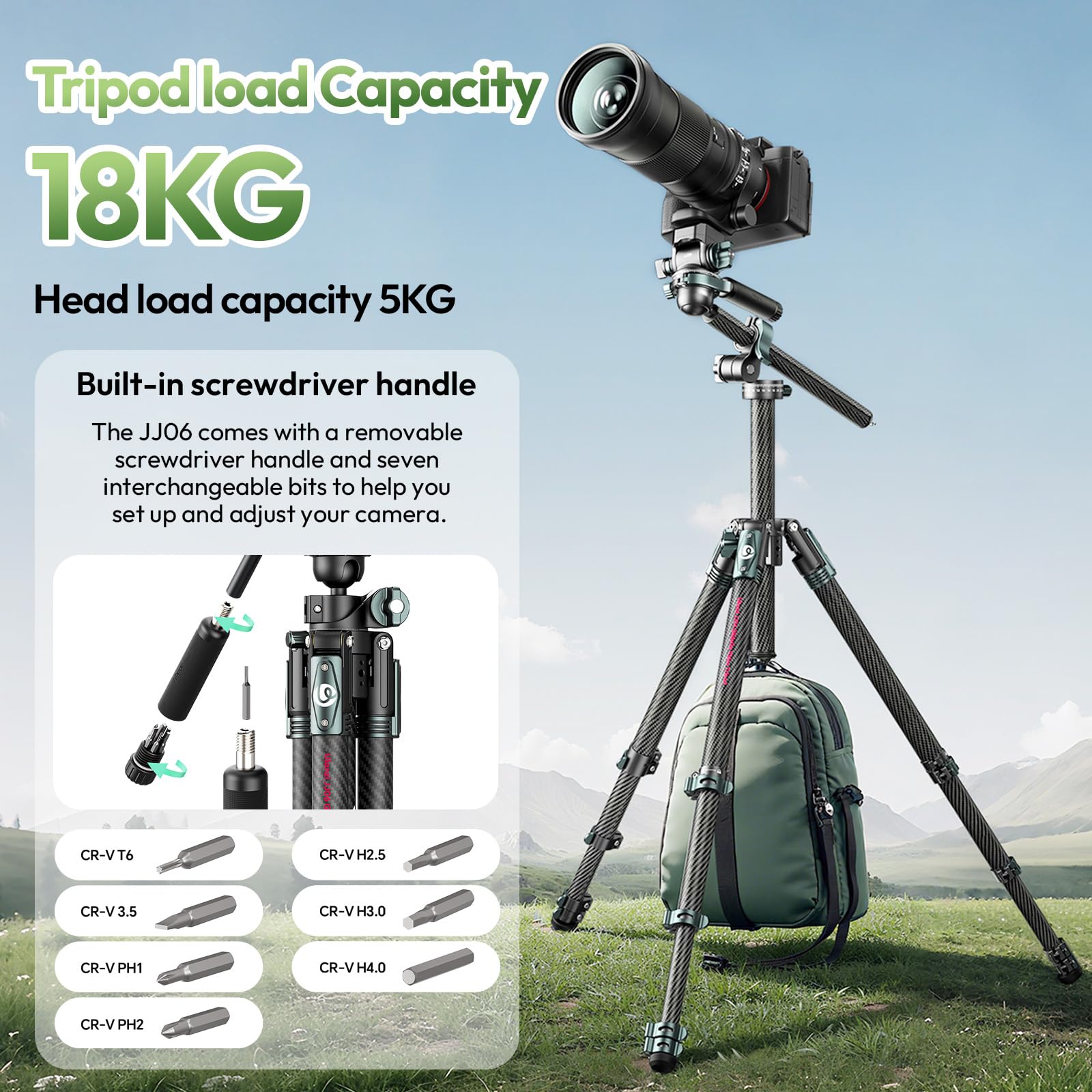 ULANZI JJ06 Statyw Wideo z Włókna Węglowego, Statyw z głowicą płynną, podwójnym obrotem panoramicznym 360° i pochylenia -50°/+60°, z płytką szybkozłączną Uka i uchwytem śrubokrętowym | Podwójna głowica obrotowa 360°, przenośny, lekki Pro Carbon Fiber, UKA