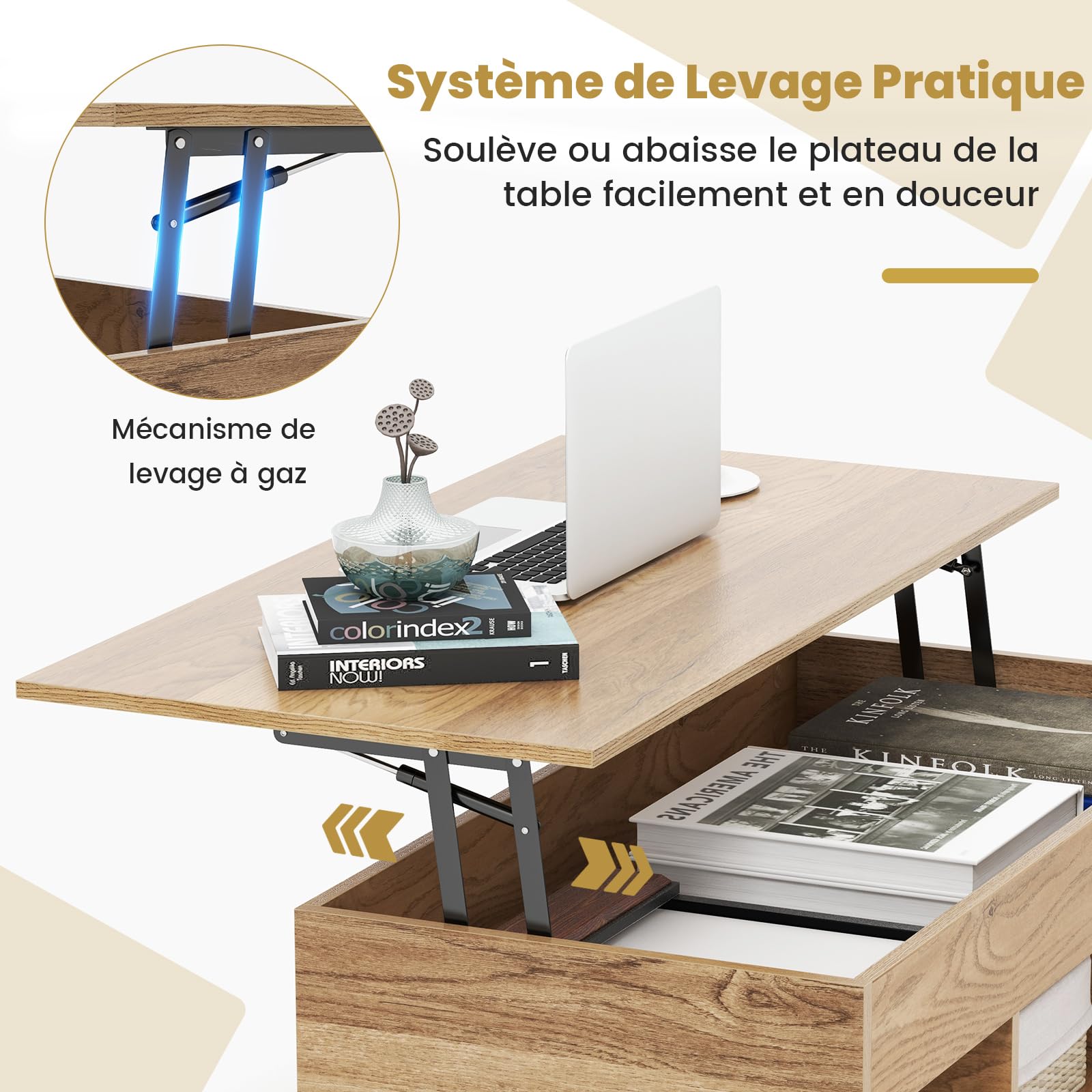 GIANTEX Table Basse Plateau Relevable, Table de Salon avec 3 Compartiments & Rangement Caché & Pieds en Métal, Transformable Moderne pour Bureau,Chambre, 100x50x45cm (Naturel)