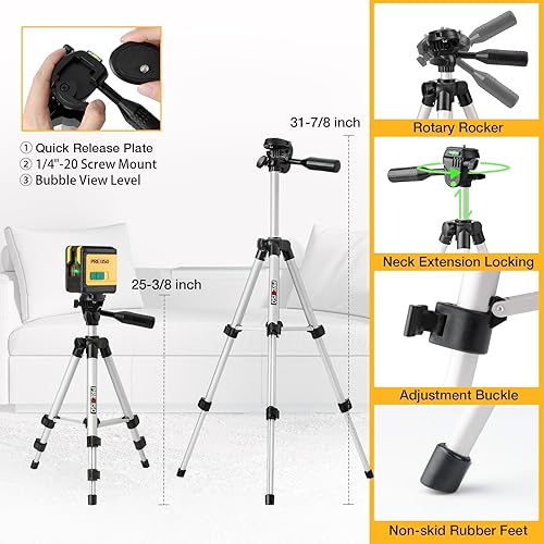 Miniatura 3 de PREXISO Nivel láser con trípode, módulos duales de 100 pies, nivel láser de línea cruzada autonivelante, herramienta niveladora de línea verde para