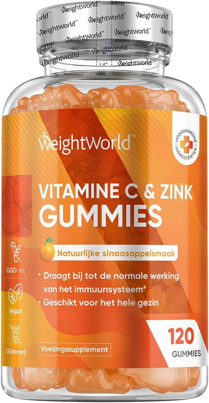 Vitamine C met Zink gummies – Ondersteunt het Immuunsysteem – 200mg Vitamine C + 6mg Zink – 120 vegan gummies voor 2 maanden voorraad – Natuurlijke sinaasappelsmaak – Van WeightWorld