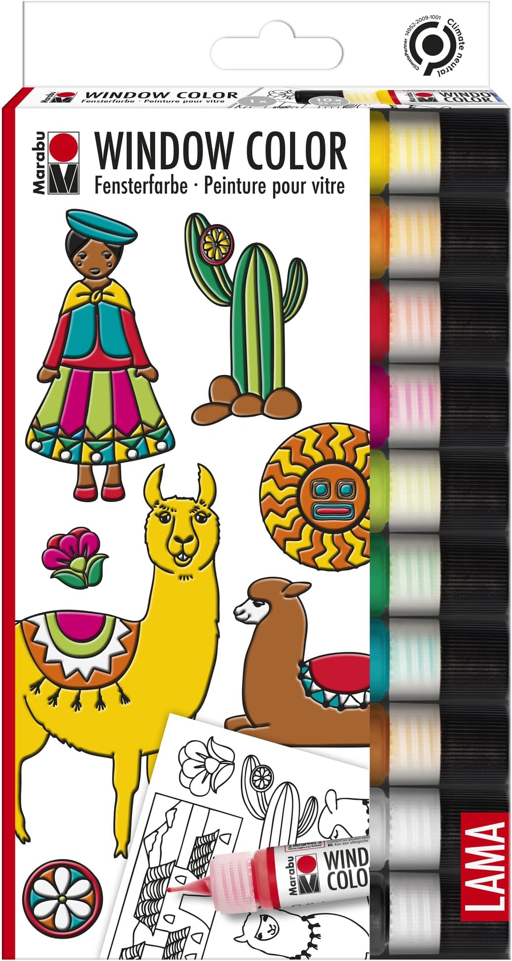Marabu Window Color fun & fancy, Lama 040600000126 Transparent Water-Based Paint for Smooth Surfaces, 10 x 25 ml Paint and Painting Template A4 with 16 Designs from the Lama World