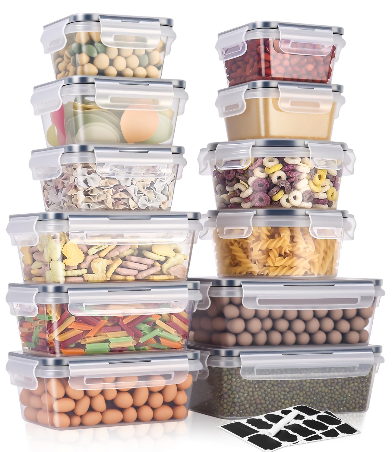 24 Pezzi Contenitori di Plastica Contenitori Alimenti,Barattoli Cucina con Coperchio Contenitori Pasta Barattoli Cucina Senza BPA per Cereali, Porta Muesli,Farina 1L/0.84L/0.7L/0.55L/0.35L