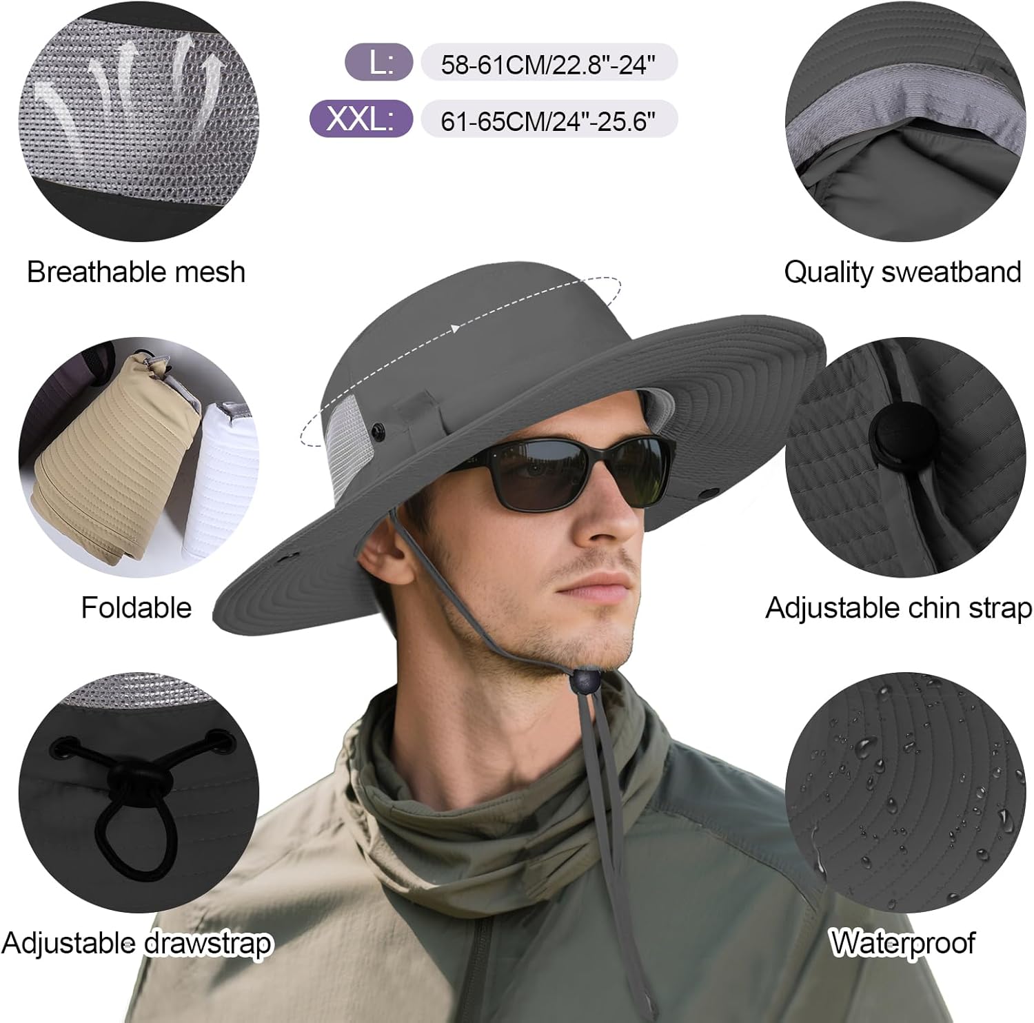 XL/XXL Bucket Hat for Big Heads, Quick-Dry UV-Protective Mesh Sun Hat with Adjustable Wide Brim, Unisex - Image 2