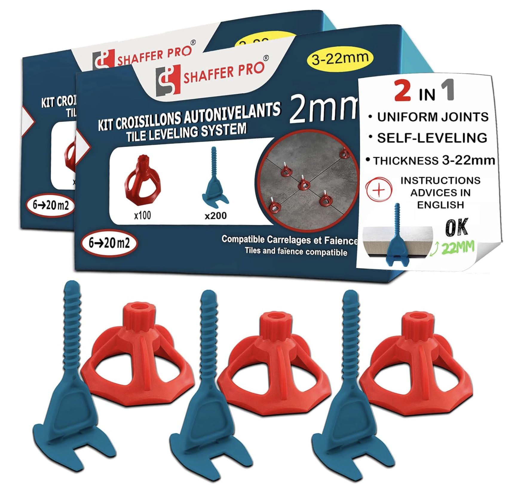 Tile Levelling System spacers 2 mm | 400 Clips + 200 Reusable twisters | 3 – 22 mm Tile Thick | for 20 mm Tile | SHAFFER PRO | tiling Tools aid for Floor Tiles/wall Tiles Installation | Tiling kit — image 1