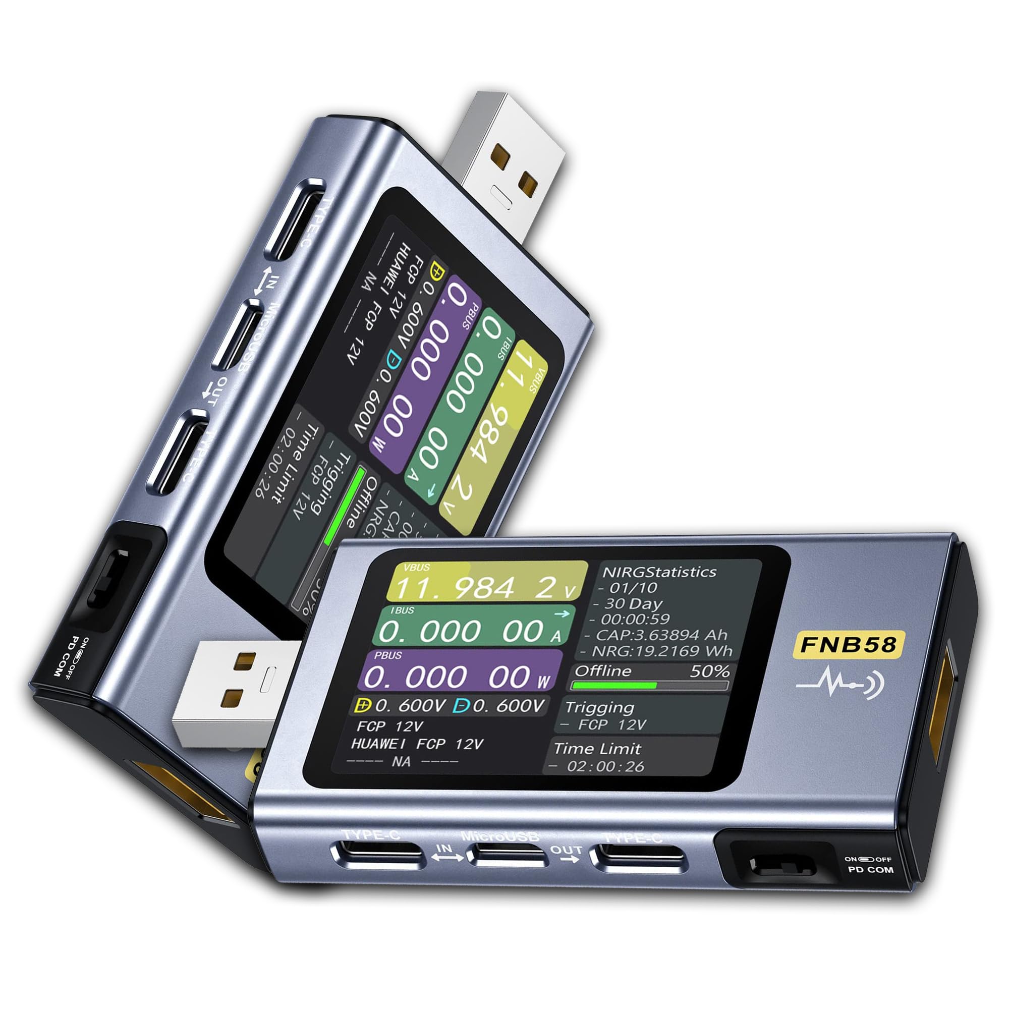 FNB58 USB Kabeltester mit 2,0 Zoll Display, 4–28V, 7A, USB-A & USB-C Multimeter mit Schnellladungserkennung, Auslöser, Kapazitätsmessung, Welligkeitsmessung, PD2.0/PD3.0, QC2.0/QC3.0 (Mit Bluetooth)