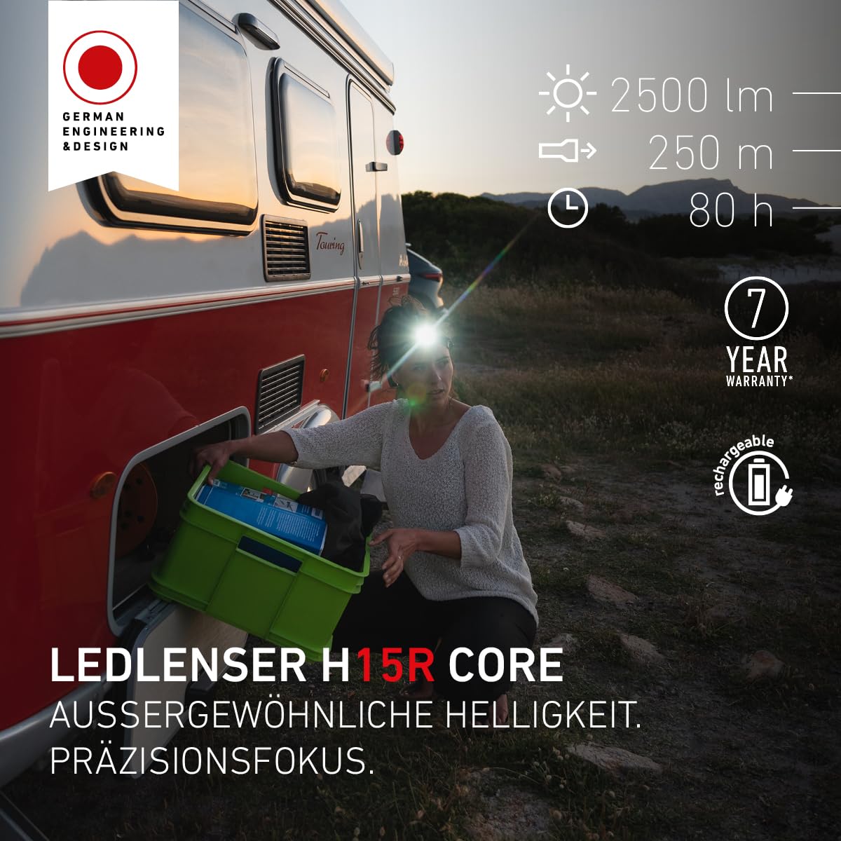 Ledlenser H15R Core Stirnlampe Wiederaufladbare LED, 2500 Lumen, 21700 Lithium-Batterie, bis zu 80 Stunden Leuchtdauer, fokussierbarer 250 m Lichtstrahl, wasserdicht nach IP67, dimmbar, USB-Aufladung