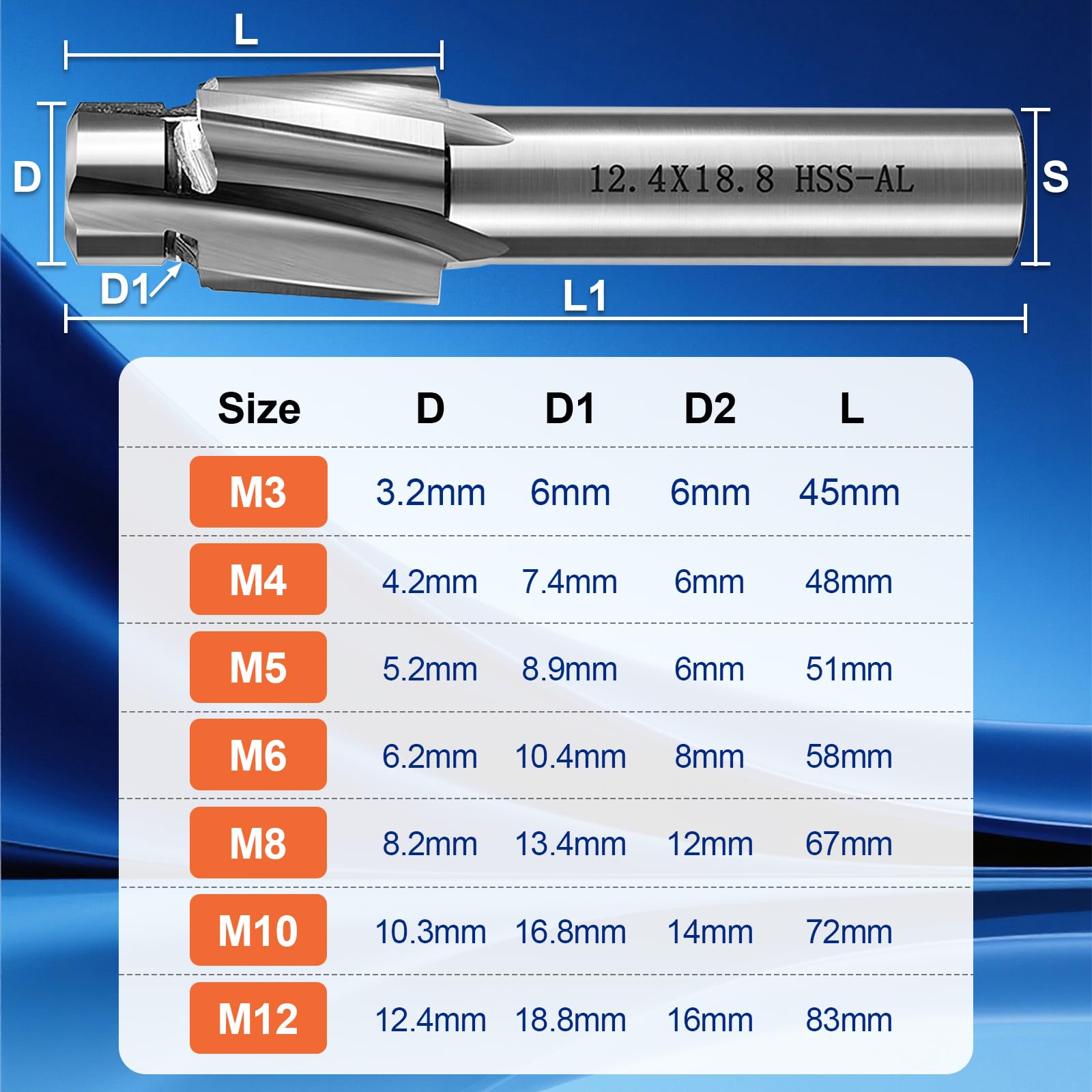7-teiliges HSS Zapfensenker-Set M3-M12, 4 Zähne Schaftfräser Flachsenker Senker, für Metall, Stahl, Aluminium, Edelstahl, Holz, Kunststoff, Kupfer, CNC Fräser