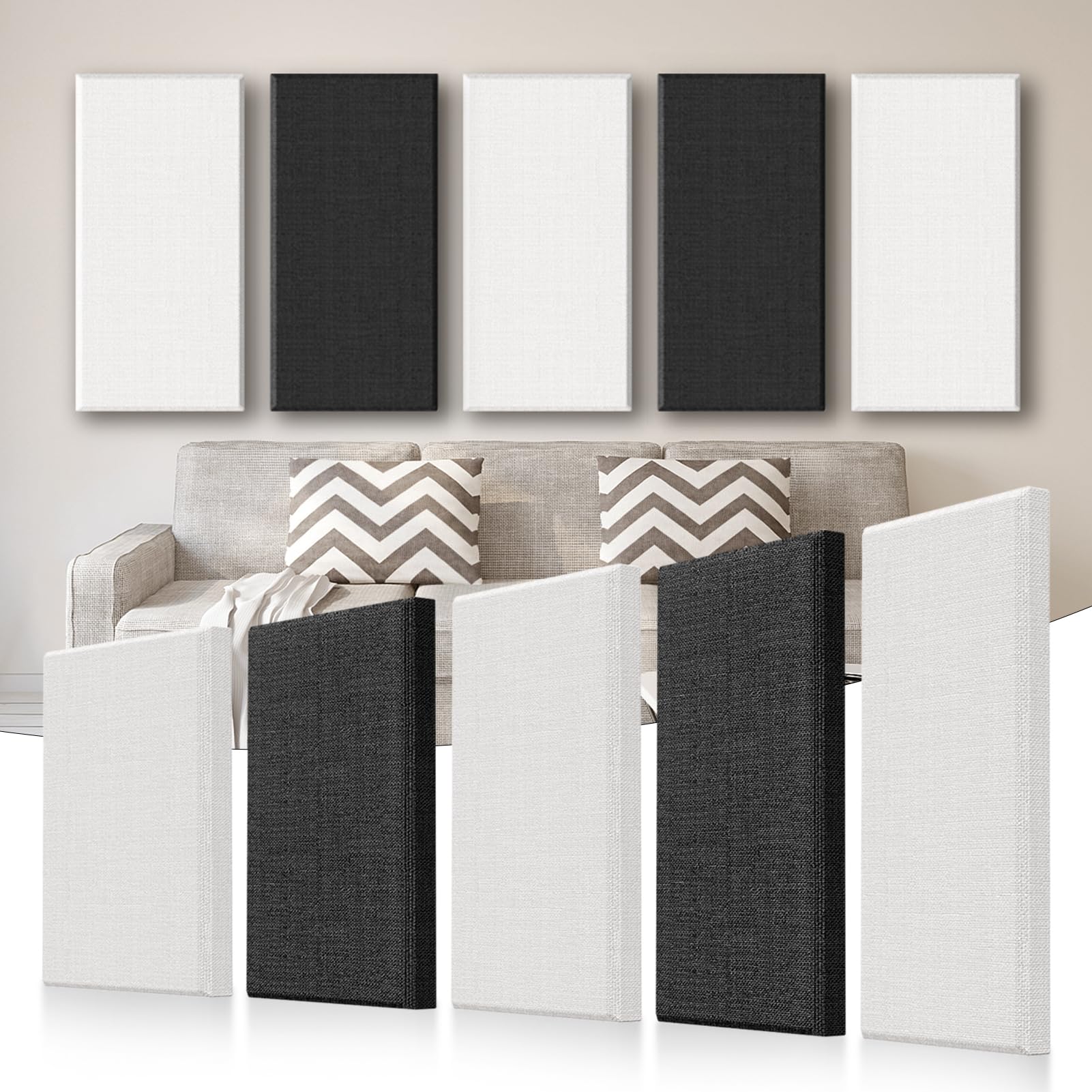 Fabric Acoustic Panels 5 Pack 24x12x1.6 Inches, Fiberglass Sound Proof Panels, Beveled Edge, Sound Absorbing Panels for Office, Recording Studio, Home Theater, Piano Room (3 White, 2 Black)