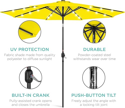 Vista 375 de Best Choice Products - Sombrilla solar de 7.5 pies para exteriores, patio, mesa, mercado, terraza, piscina con inclinación, manivela, luces LED