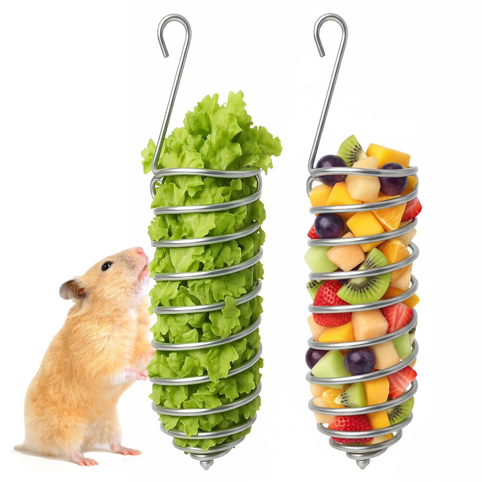 2Pcs Rat Enrichment Toys Stainless Steel Bird Food Holder Rat Parrot Foraging Toy Hanging Rodent Toy Fruit Vegetable Holder Puzzle Toys Slow Feeder Parakeet Foraging Mice Cage Accessories