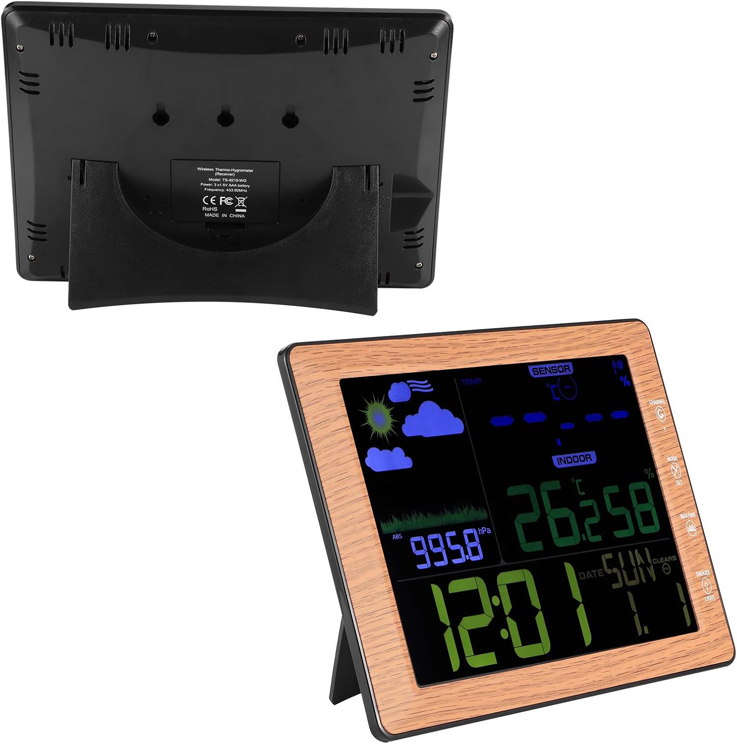 Greensen Large Digital Weather Clock with Bar Display, Temperature and Humidity Monitoring, 12/24 Hour Display, Moon Phase Display, Alarm Function