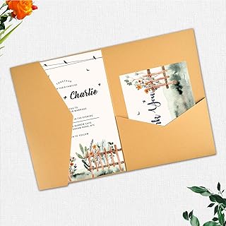 20 PCS Gold Tri-fold Laser Cut Wedding Invitation Pockets for 5x7 Wedding Cards Bridal Shower Engagement Quinceanera Invitation (Gold)
