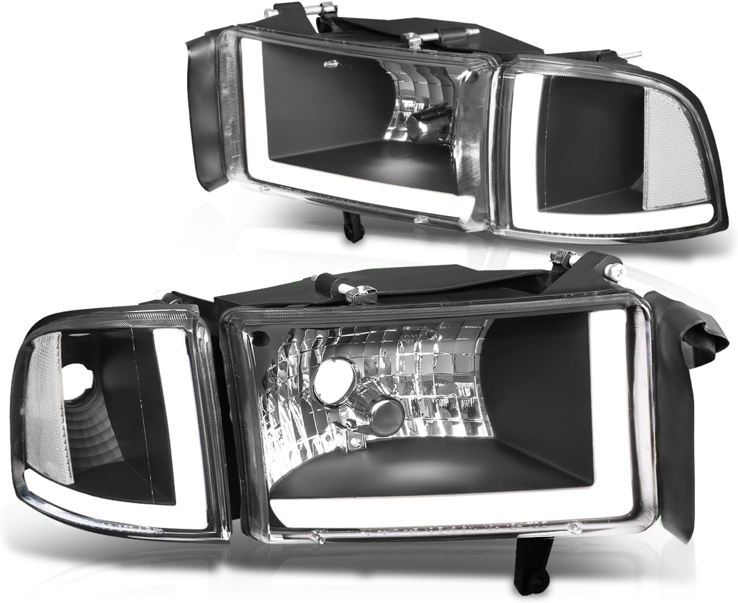 Auto Dynasty 4Pcs Dual LED DRL Headlights Assembly Compatible with Dodge Ram 1500 94-01 Dodge Ram 2500 3500 94-02, Driver and Passenger Side, Black Housing Clear Lens