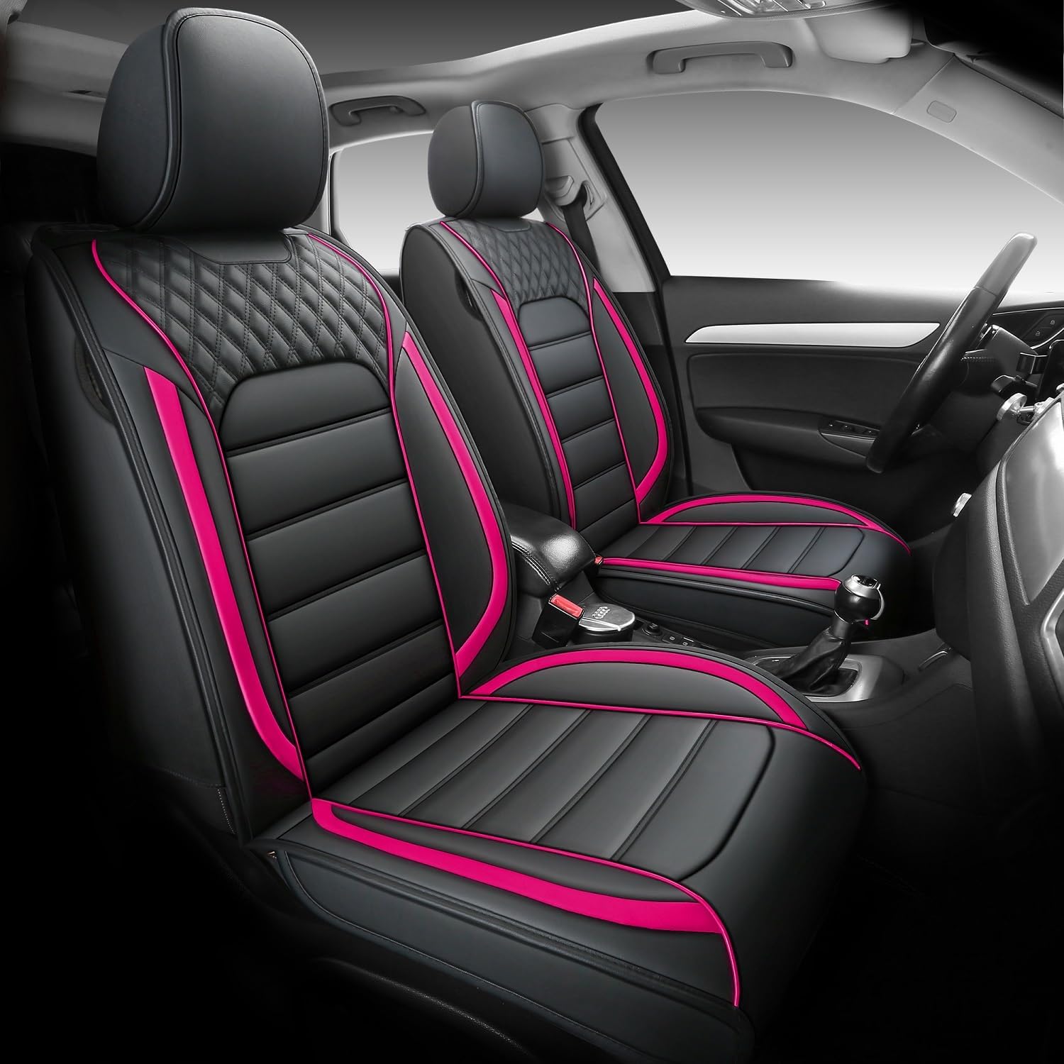 Yeleno01Leather Car Seat Covers, Faux Leather Car Seat Covers for 5-Seat Sedans and SUVs Universal Set, Airbag Compatible (Black&Rose)