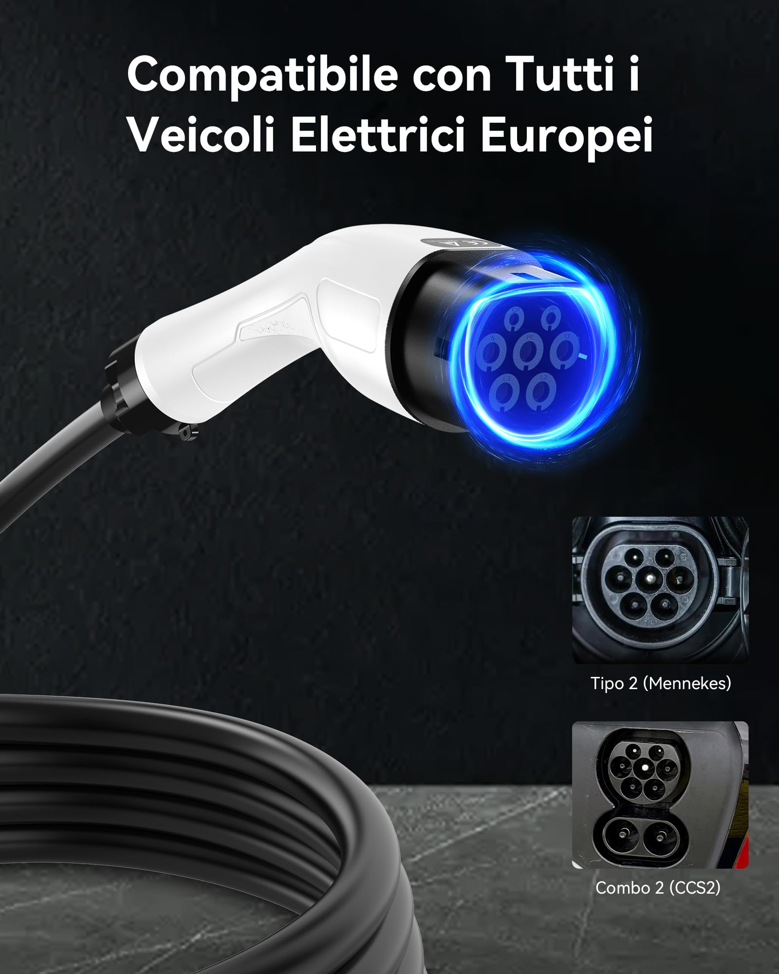 Caricabatteria da Auto Elettrico (7,4 KW, 6,5 m, Tipo 2, CEE P17 32A) - Cavo di Ricarica con amperaggio Regolabile 6A-32A, Ricarica ritardata e Programmata, terminale di Ricarica Mobile per