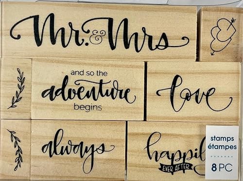 Momenta Mr. & Mrs. Wedding Love Heart - Juego de 8 sellos de madera de goma roja