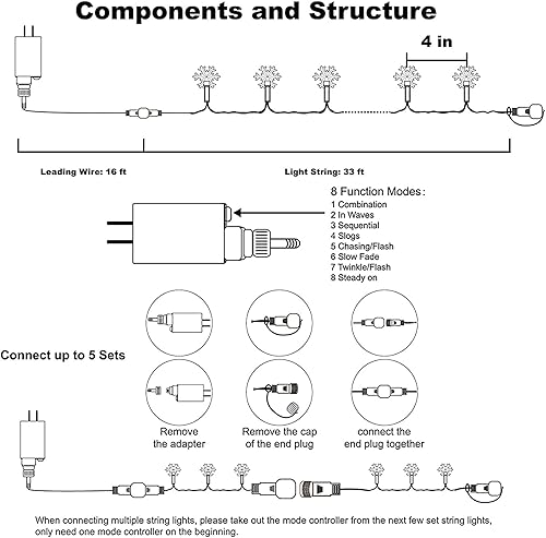 Miniatura 2 de Dazzle Bright Guirnalda de luces de copos de nieve de Navidad, 100 luces LED de 49 pies, impermeables, enchufables, con 8 modos para interiores y