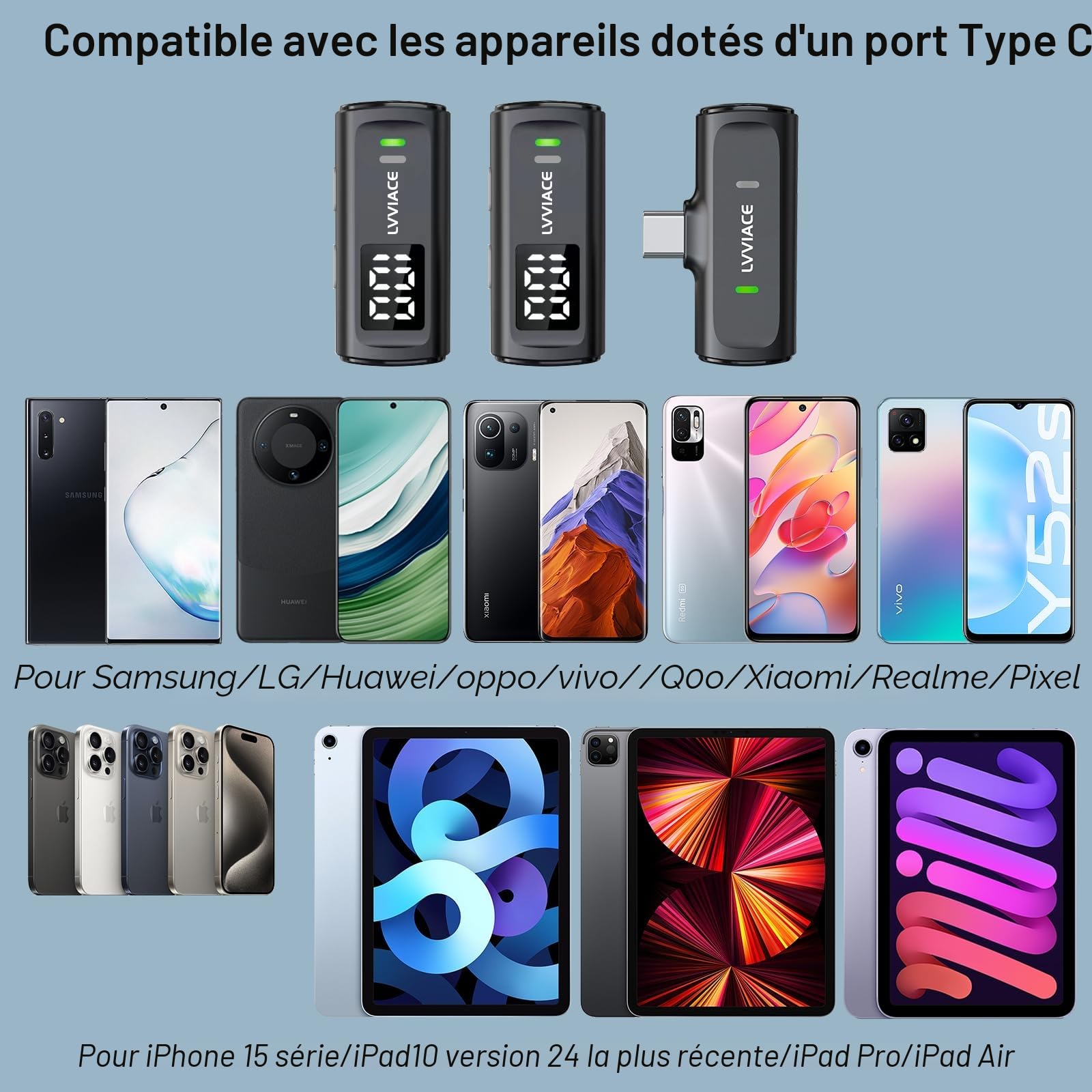 Micro Cravate pour téléphones avec Ports USB de Type C, 40 Heures d'autonomie avec boîtier de Chargement de l'émetteur à Affichage Numérique, Microphone de Lavalier sans Fil de 82 Pieds