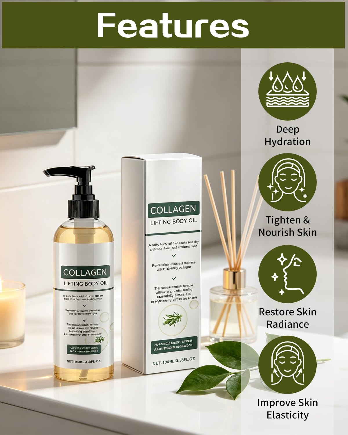 Lot de 2 huile corporelle liftante au collagène (100ml), Romarin Huile Corps Hydratante, Anti Cellulite Anti-vergetures et Hydratant raffermissant body oil pour Ventre, Jambes, Bras et Cou