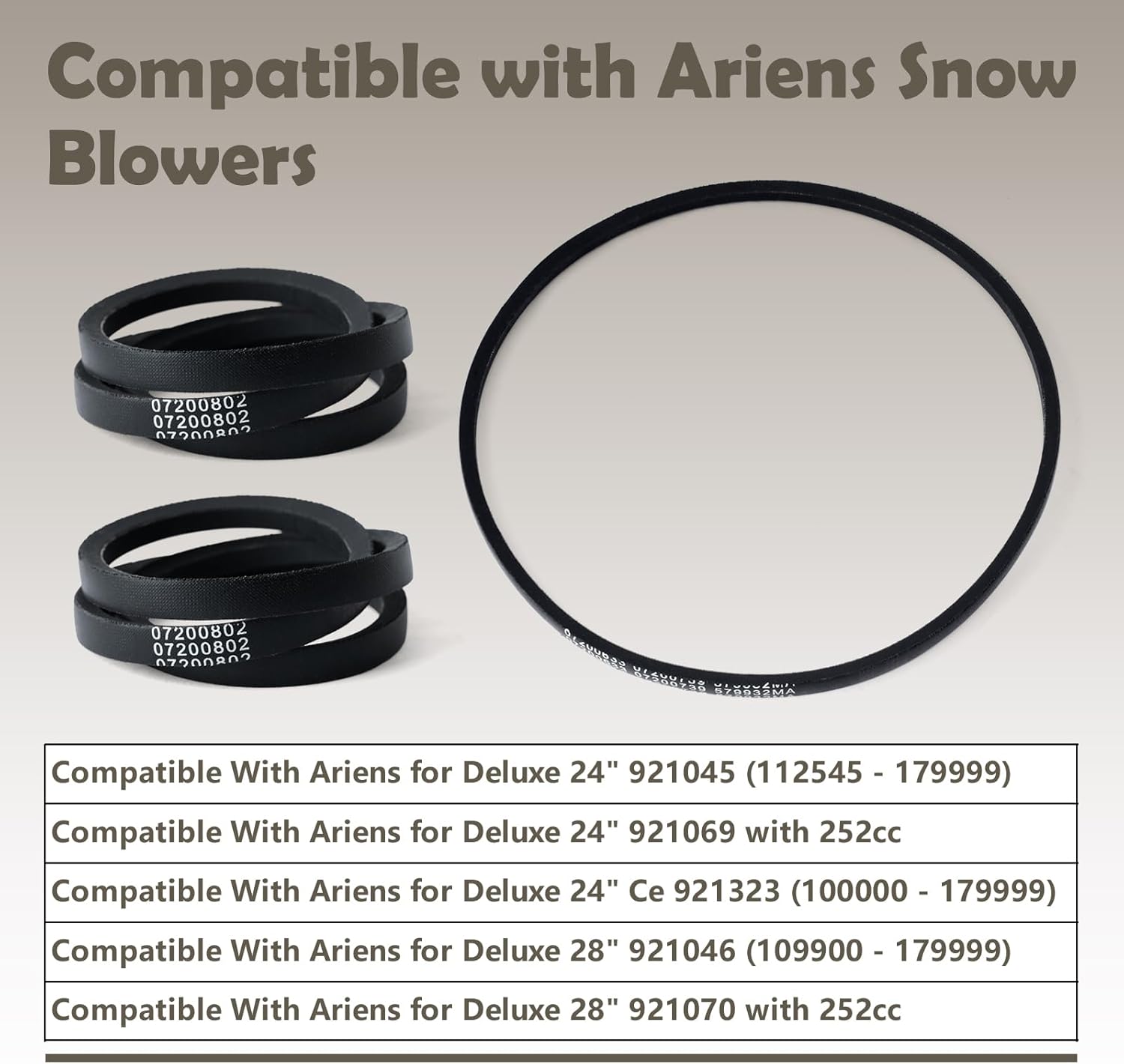 07200802 & 07200739 07200633 Snow Blower V-Belt Set Compatible with Ariens for Deluxe 24" 28" Snowblower 921045 921046 921069 921070 921323, 2 Deck Raw Edge Impeller Belts & 1 Auger Drive Belt