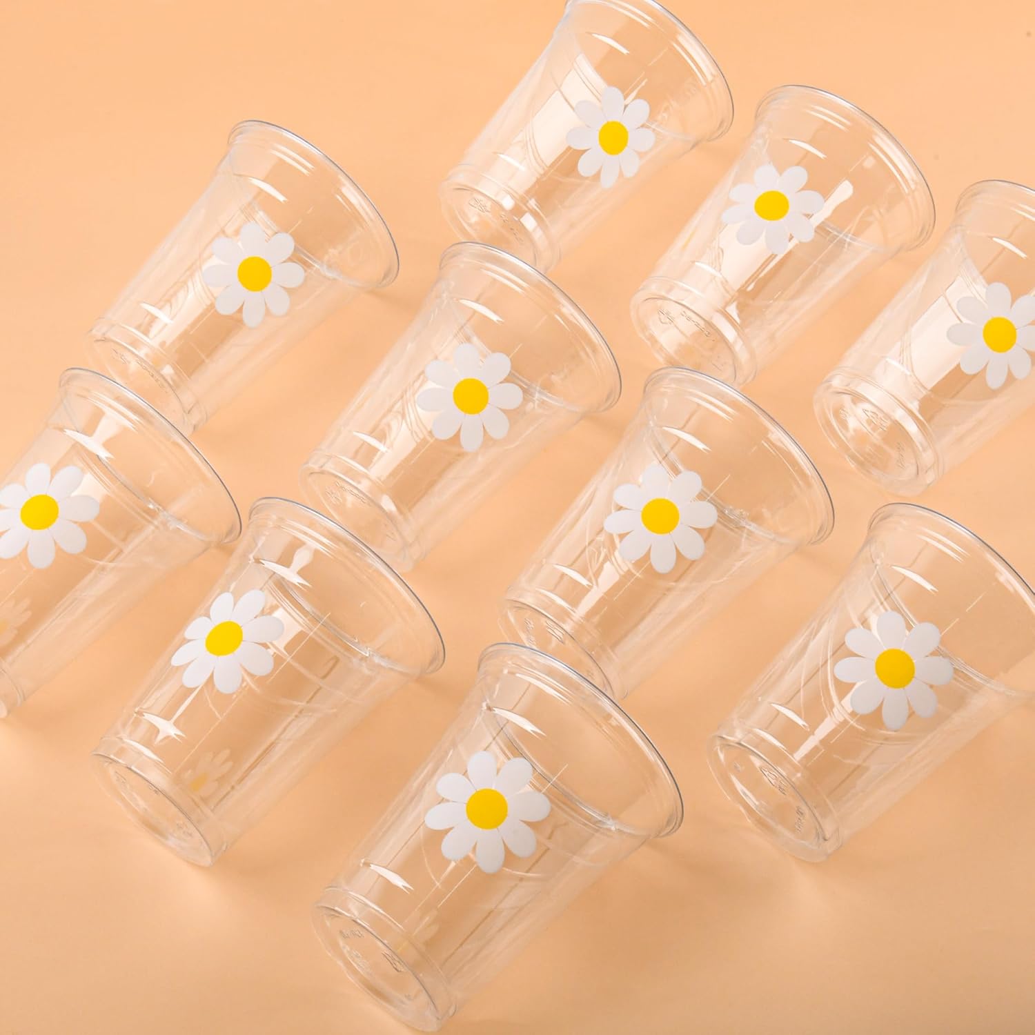 AimFun 100 Pc Daisy Disposable Plastic Cups Groovy Party Cups 12 oz White Flower Cold Drinking Cups for Hippie Boho Party Decor Spring Birthday Baby Shower Supplies